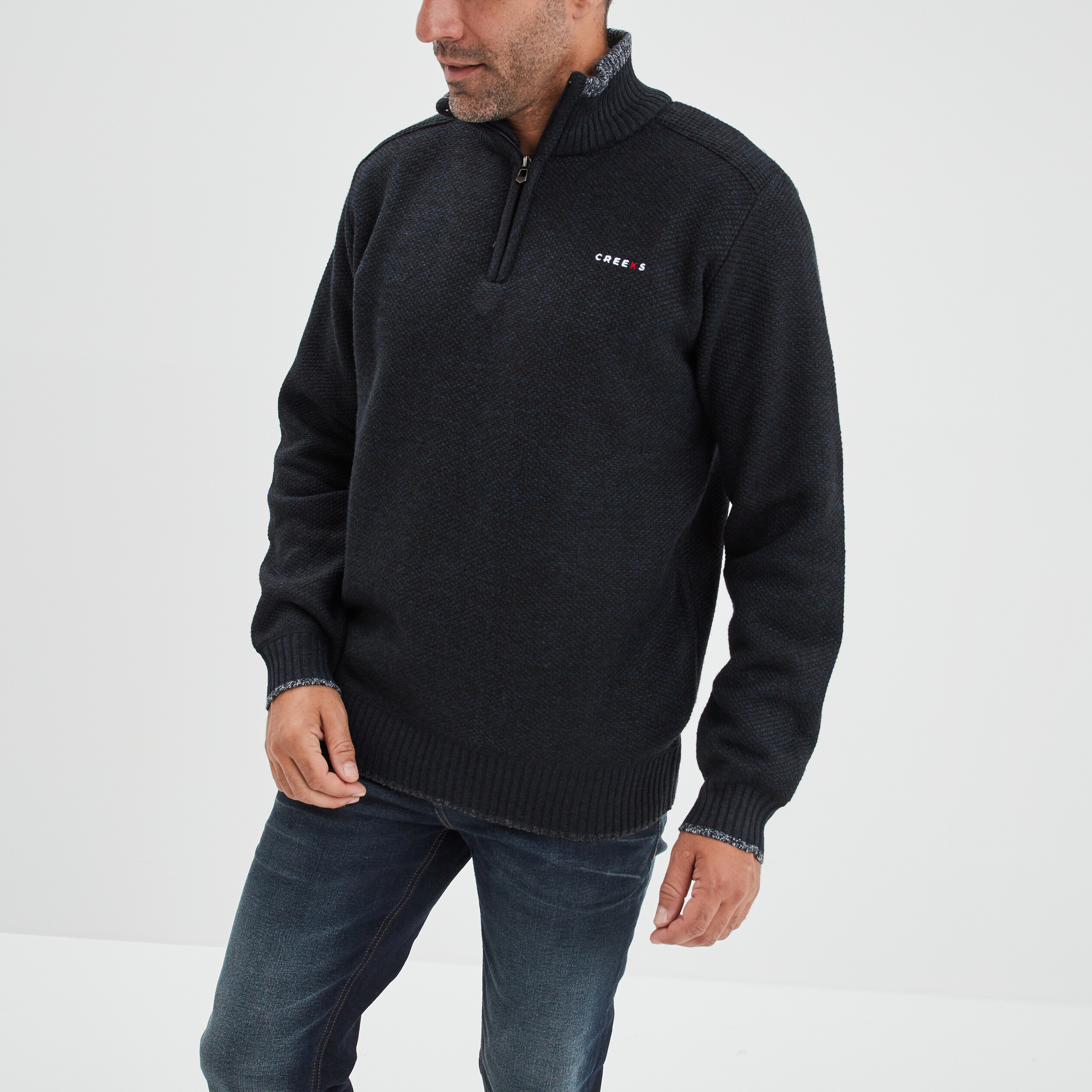 Pull camionneur zippé droit Creeks bleu foncé homme | La Halle