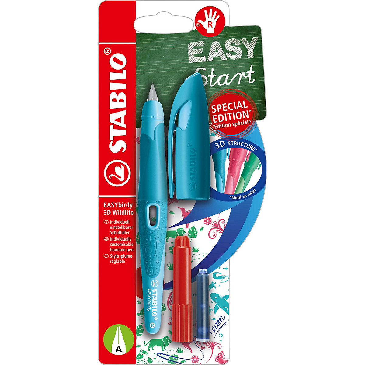 Schulfüller EASYbirdy Rechtshänder A-Feder 3D Wildlife Special Edition blau, inkl. Patrone und Einstellwerkzeug