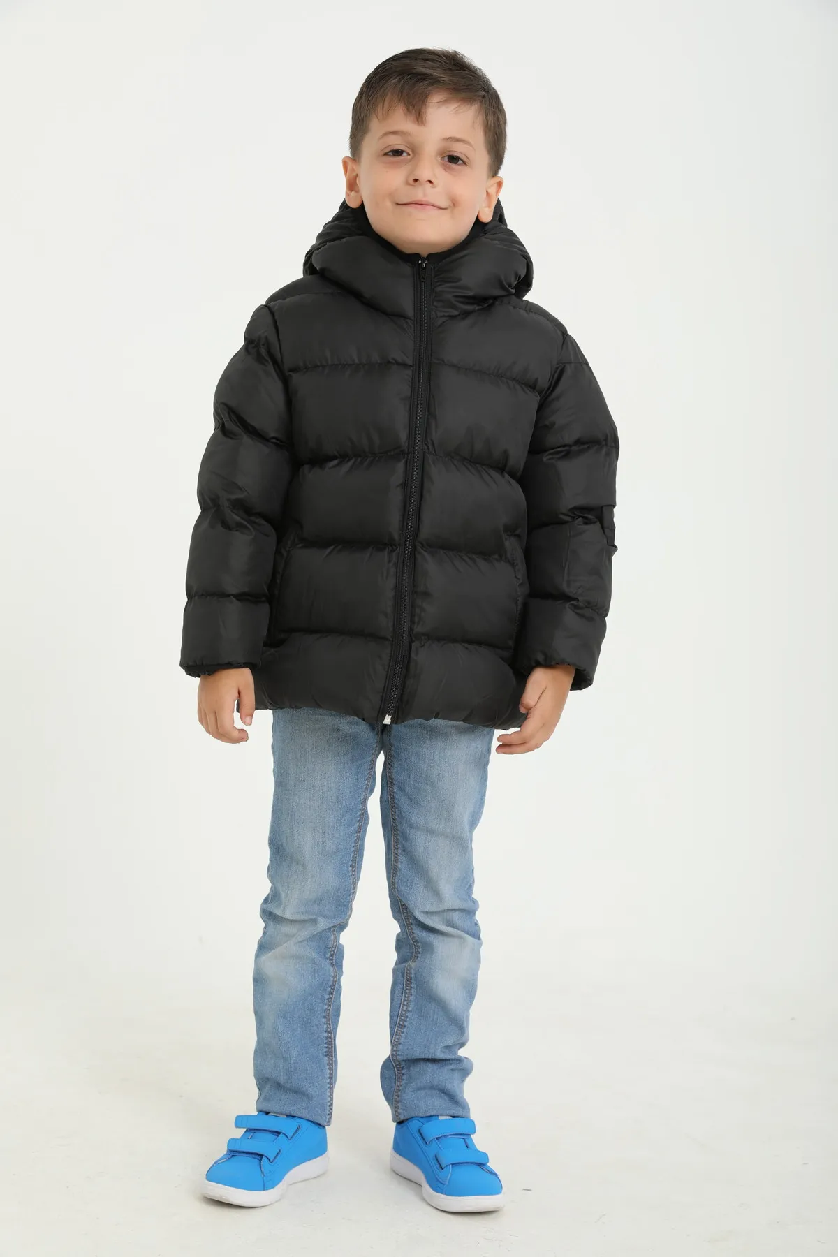 freemen  Schwarzer, wasserdichter, windabweisender Puffer-Wintermantel aus Fleece mit Fellkapuze für Jungen