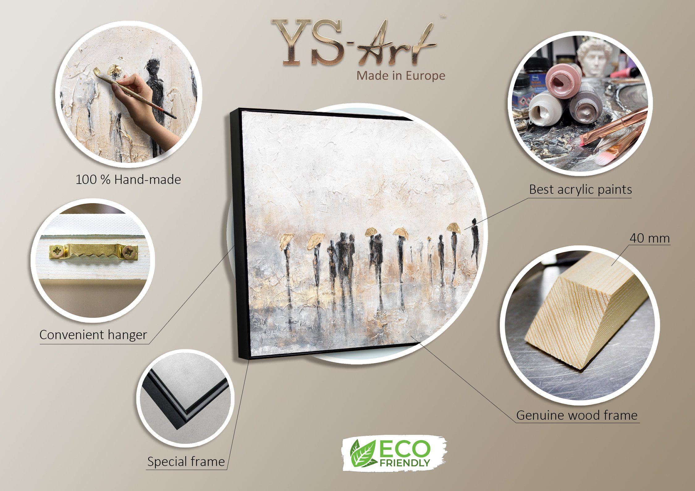 YS-Art Gemälde Sommerregen, Leinwand Bild Handgemalt Menschen Regenschirm Gold mit Rahmen