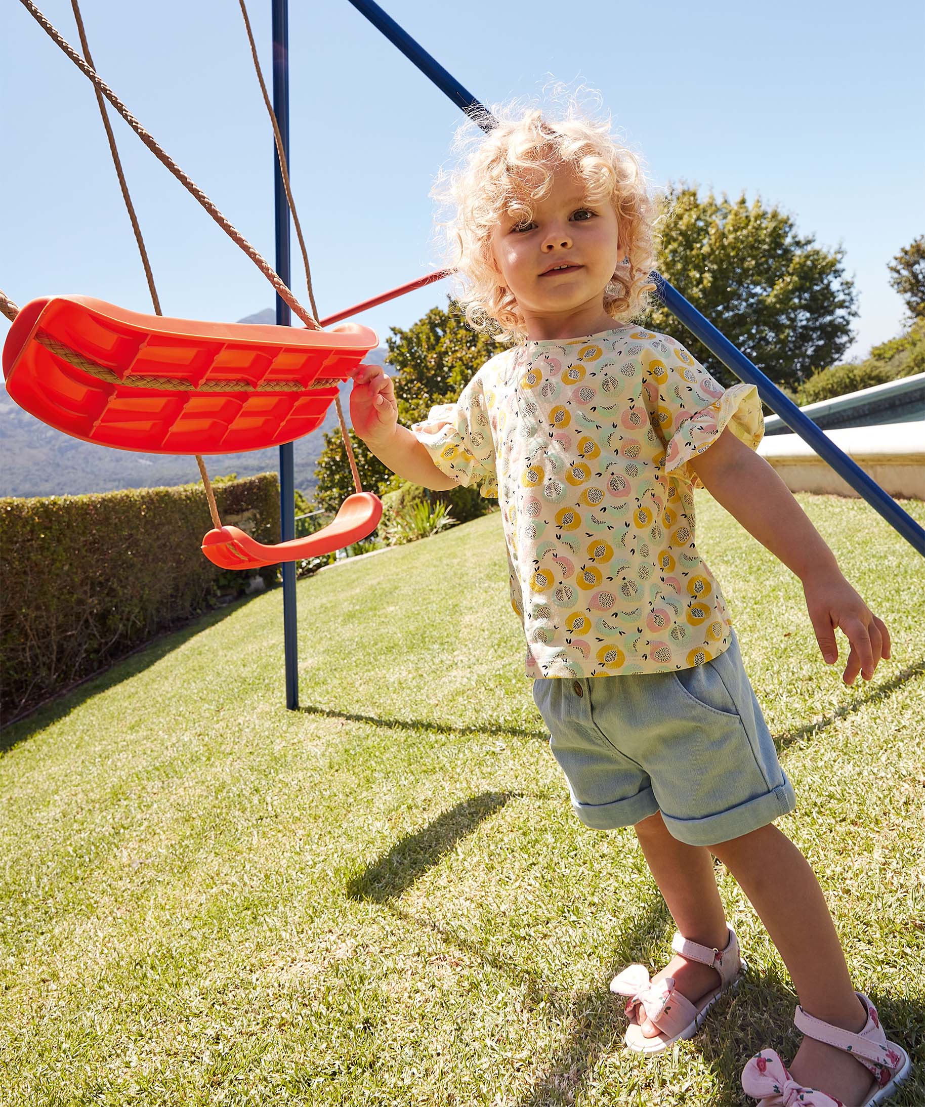 Tee-shirt bébé fille imprimé à manches courtes volantées jaune | GEMO