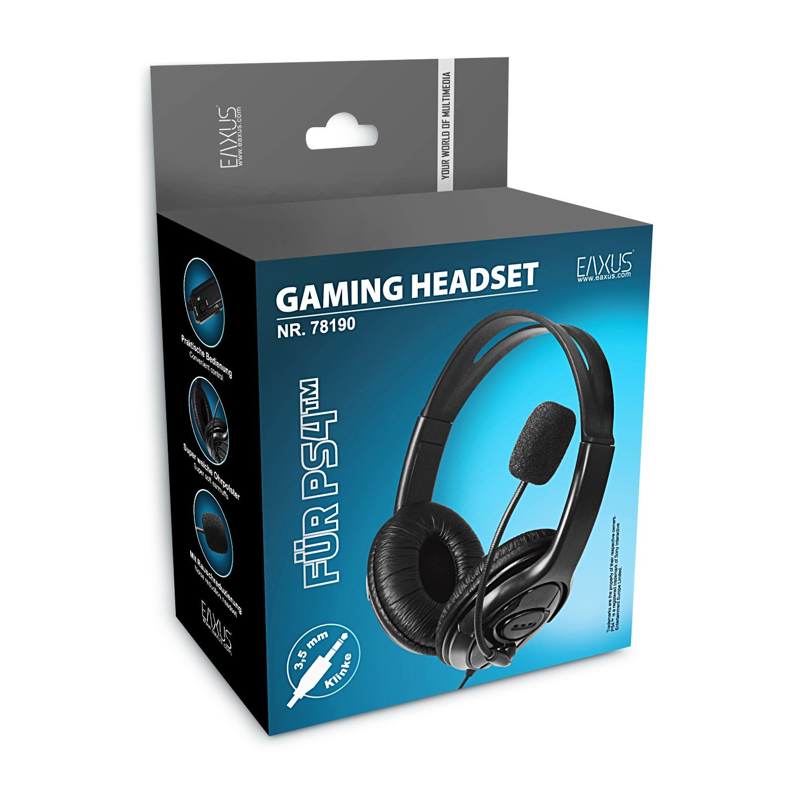 EAXUS Headset für PlayStation 4, 5 und PC mit Lautstärkeregler Gaming-Headset (3,5mm Kabel direkt für Controller)