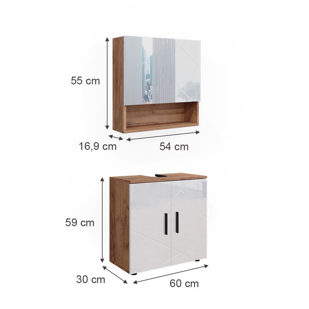 Vicco Badmöbel-Set Badezimmerschrank-Set IRMA Goldkraft-Eiche/Weiß Hochglanz, (2-St., 2-er Set)