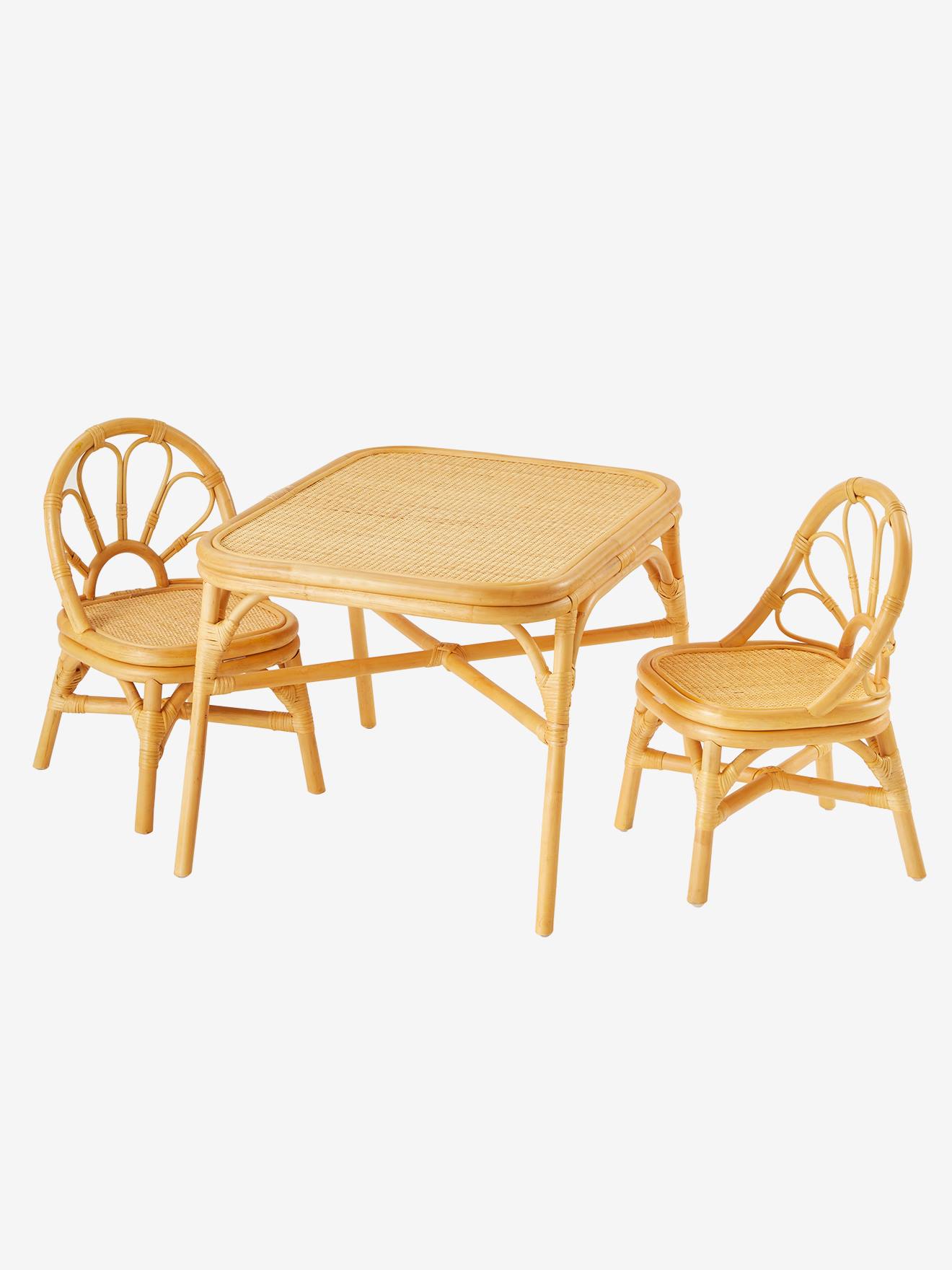 Vertbaudet Kinderzimmer-Set: 2 Stühle & Tisch aus Rattan BOHO - natur/blumenform