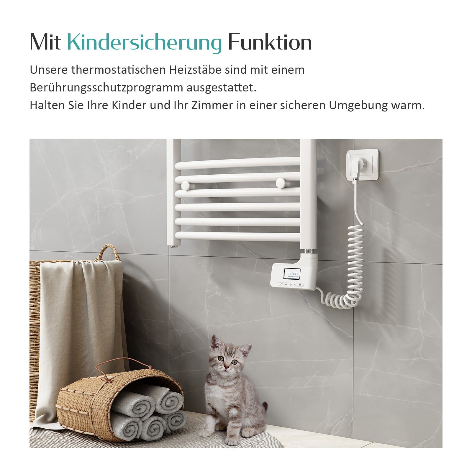 EMKE Heizstab 300W-1200W Heizstab mit Thermostat, Heizpatrone für Badheizkörper Heizelement IP44 Weiß ohne Heizkörper