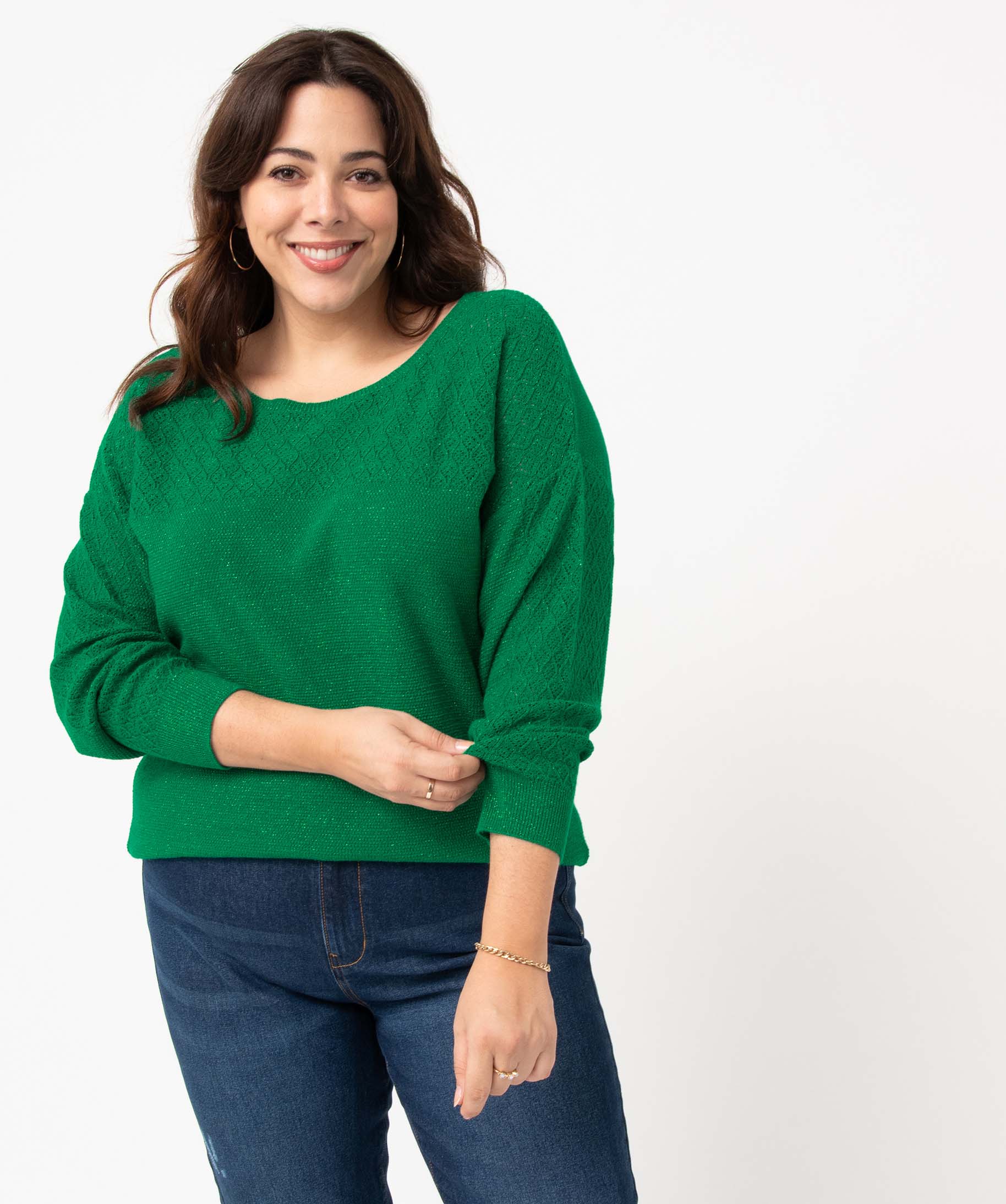 Pull femme grande taille en maille fantaisie pailletée vert | GEMO
