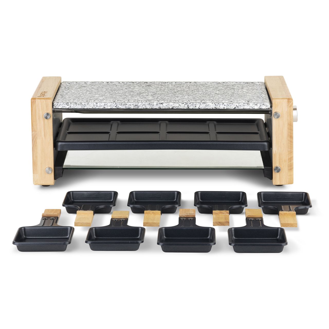H.Koenig Multifunktionales Raclettegerät 8 Personen WOD12 Naturholzdesign, Herausnehmbarer Granitstein, Professionelles Raclette, 8 antihaftbeschichtete Pfännchen, 8 Holzspatel
