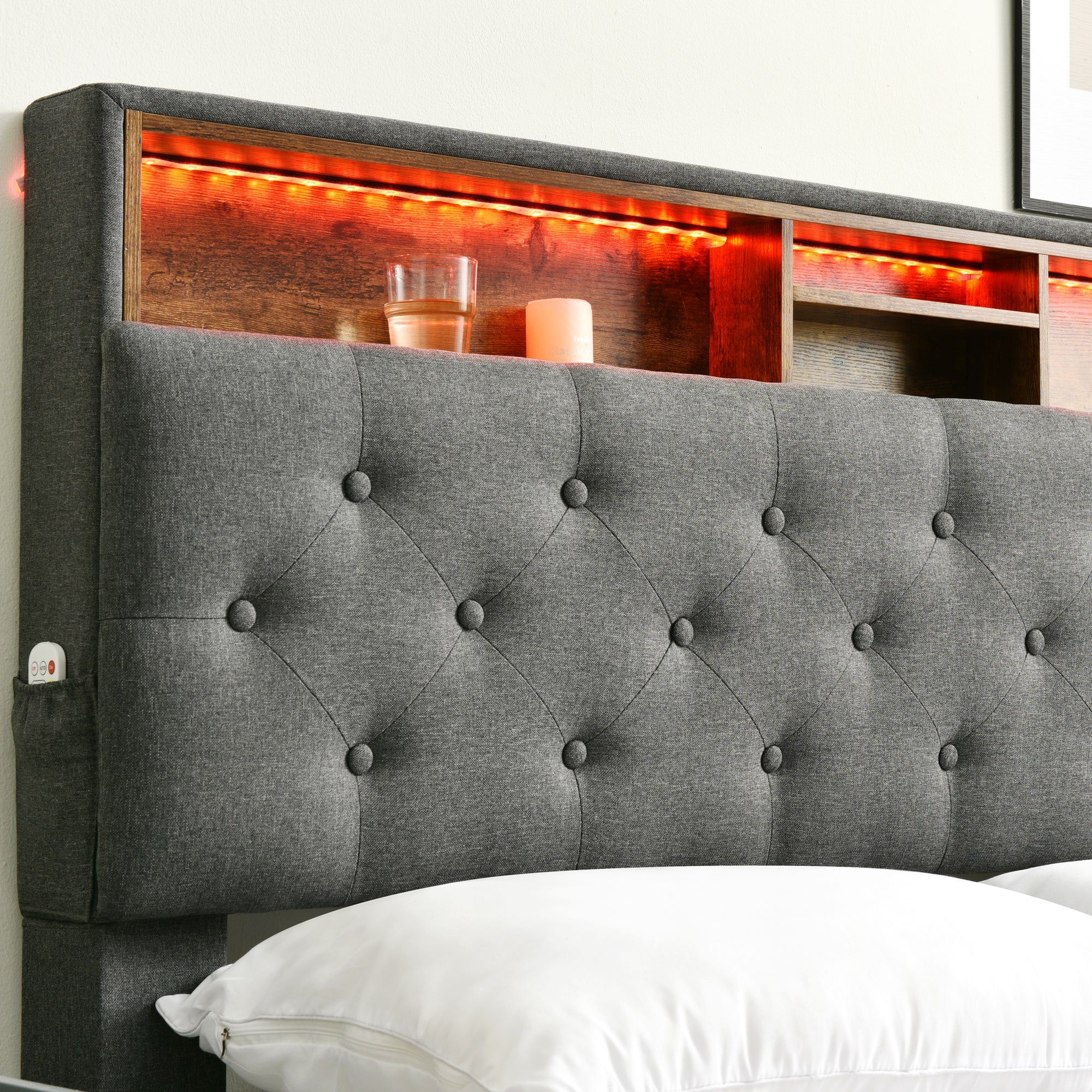 Flieks Polsterbett, LED-Beleuchtung Doppelbett mit Stauraum 140x200cm Leinen