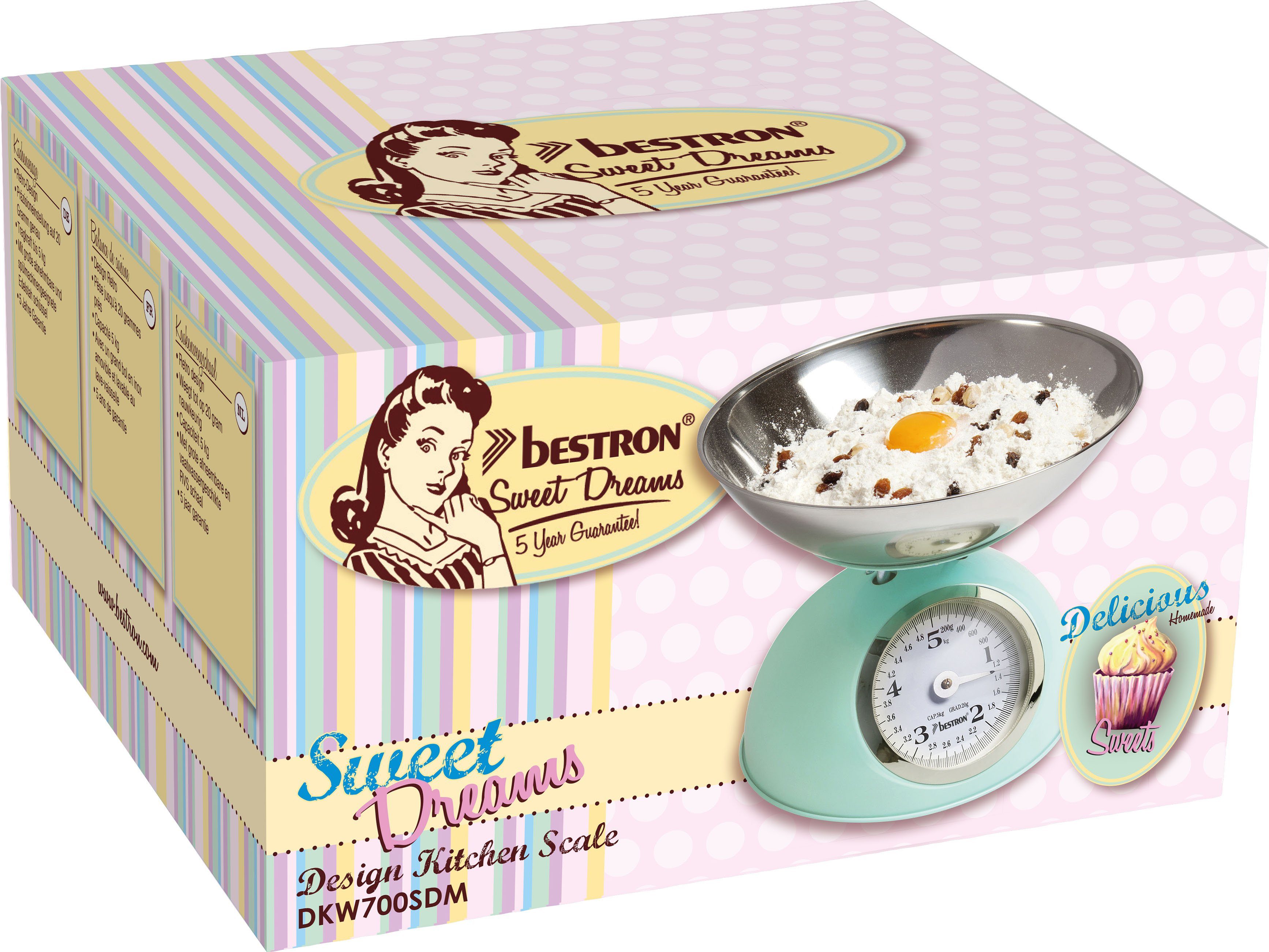 bestron Küchenwaage DKW700SD Sweet Dreams, analog mit abnehmbarer Wiegeschale, Retro Design, Tragkraft: 5 kg