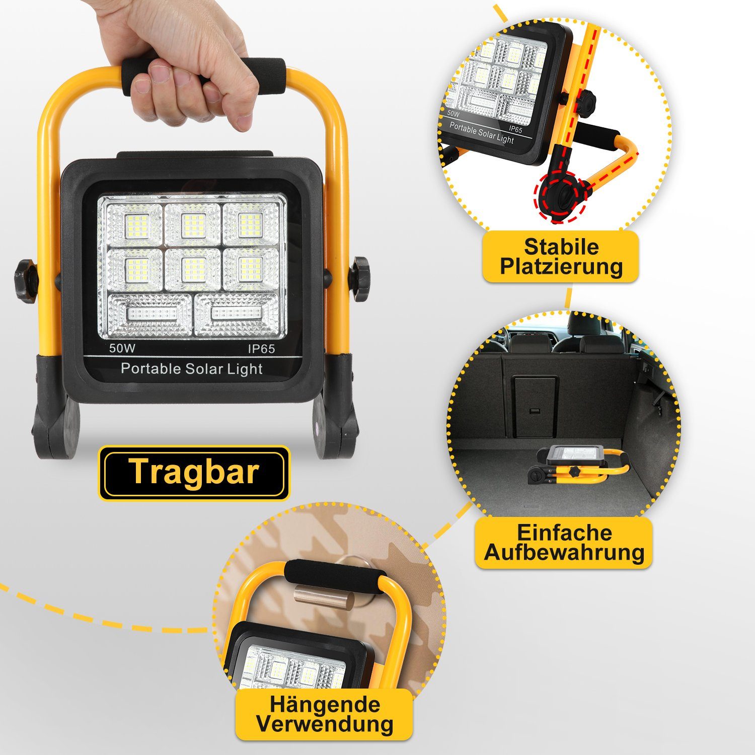 Gimisgu Baustrahler LED Akku Fluter 50W-100W Campinglampe Aufladbar Solar Gelb