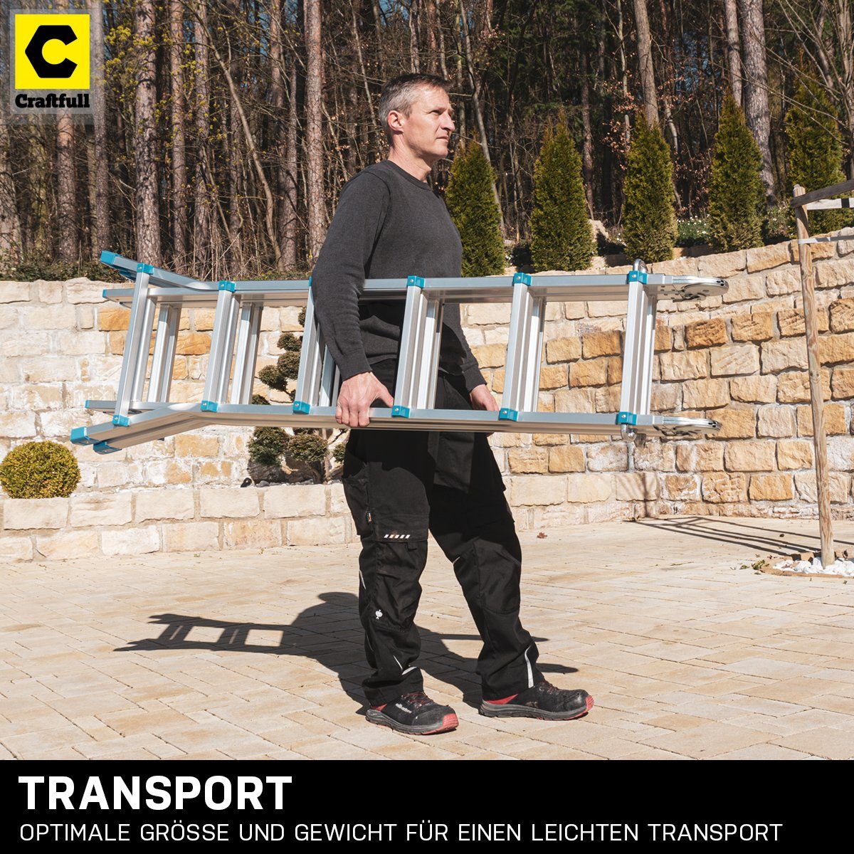 Craftfull Teleskopleiter 4in1 Treppenleiter CF-105A - 3 Jahre Garantie - 2,9-6,25 m - Aluminium (150 kg Traglast - Mehrzweckleiter Alu Stehleiter bis 150 kg - Anlegeleiter - Trittleiter - Wandleiter - Arbeitsbühne - Haushaltsleiter - Ausziehleiter -