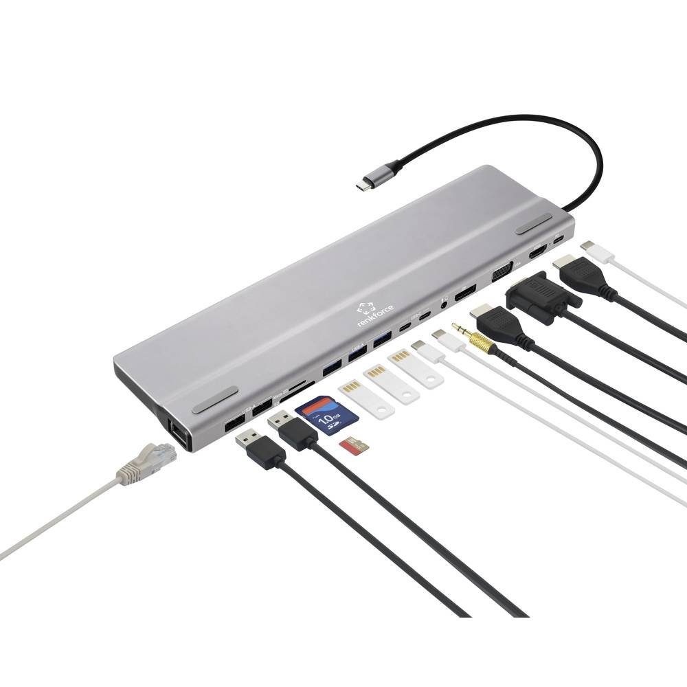 Renkforce Laptop-Dockingstation 15-in-1 USB-C® Notebook Dockingstation, integrierter Kartenleser, USB-C® Power Delivery
