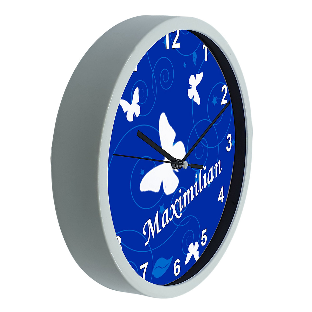 Kinder Wanduhr laufruhig personalisiert mit Name Schmetterling Ornamente blau