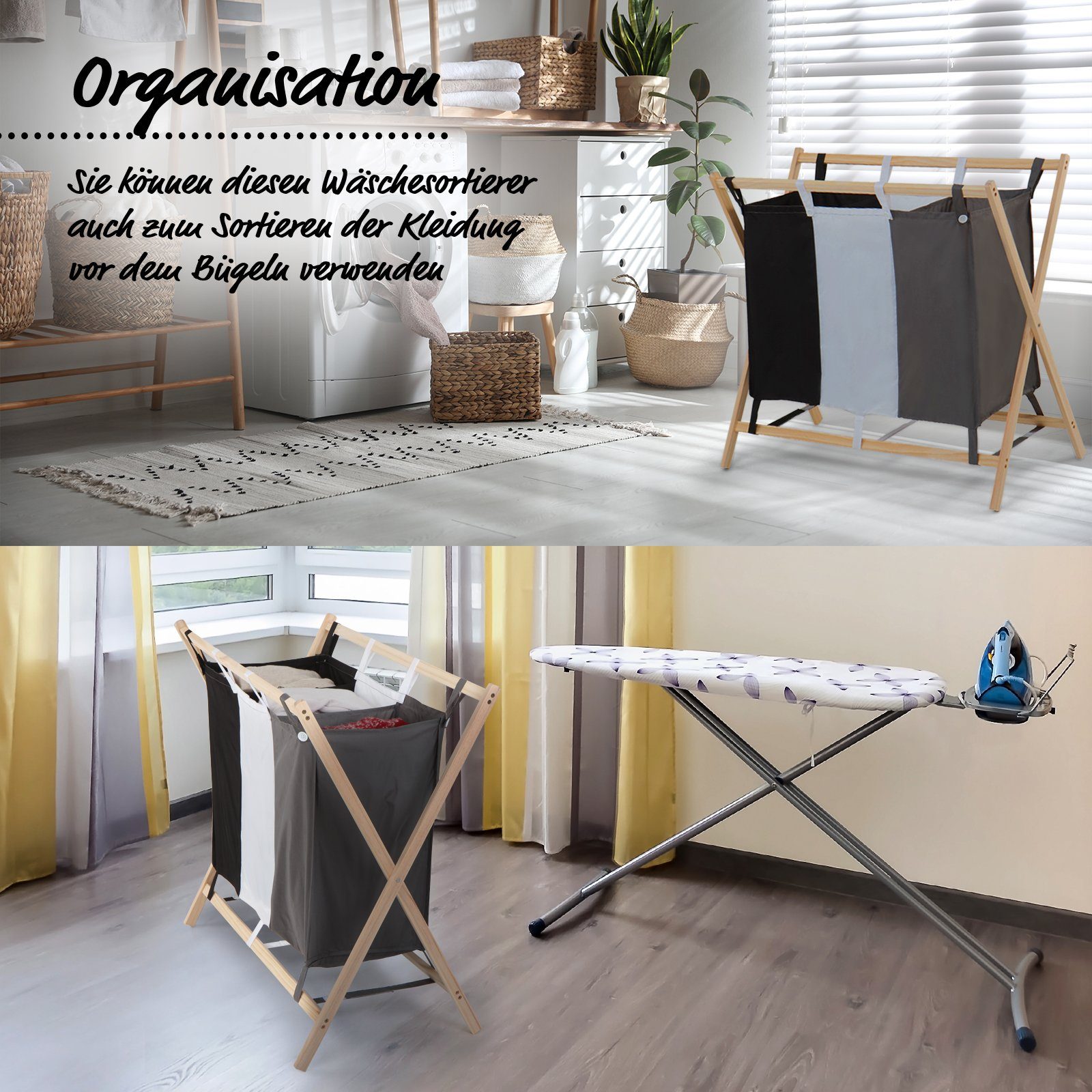 Jago Wäschesortierer - 3 Fächer Holz Wäschekorb Wäschebox Wäschesammler