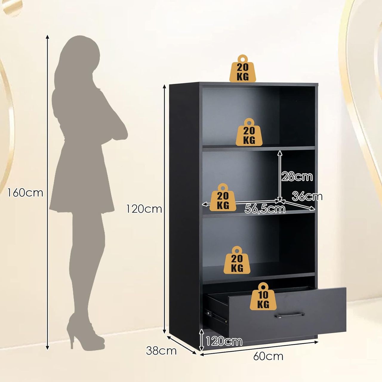 Costway 120cm Bücherregal mit Schubladen