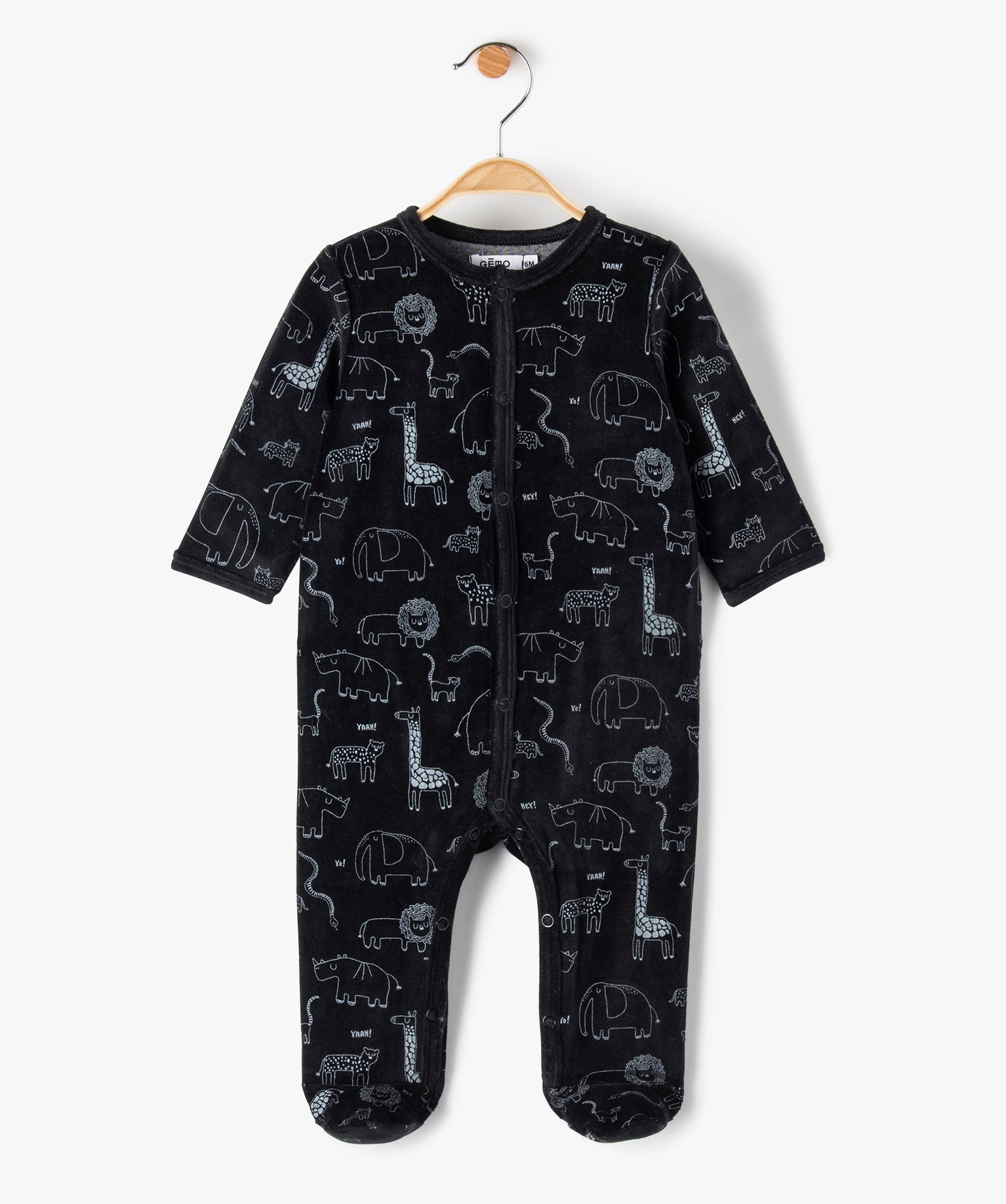 Pyjama bébé en velours ouvert devant avec motifs de la jungle noir | GEMO