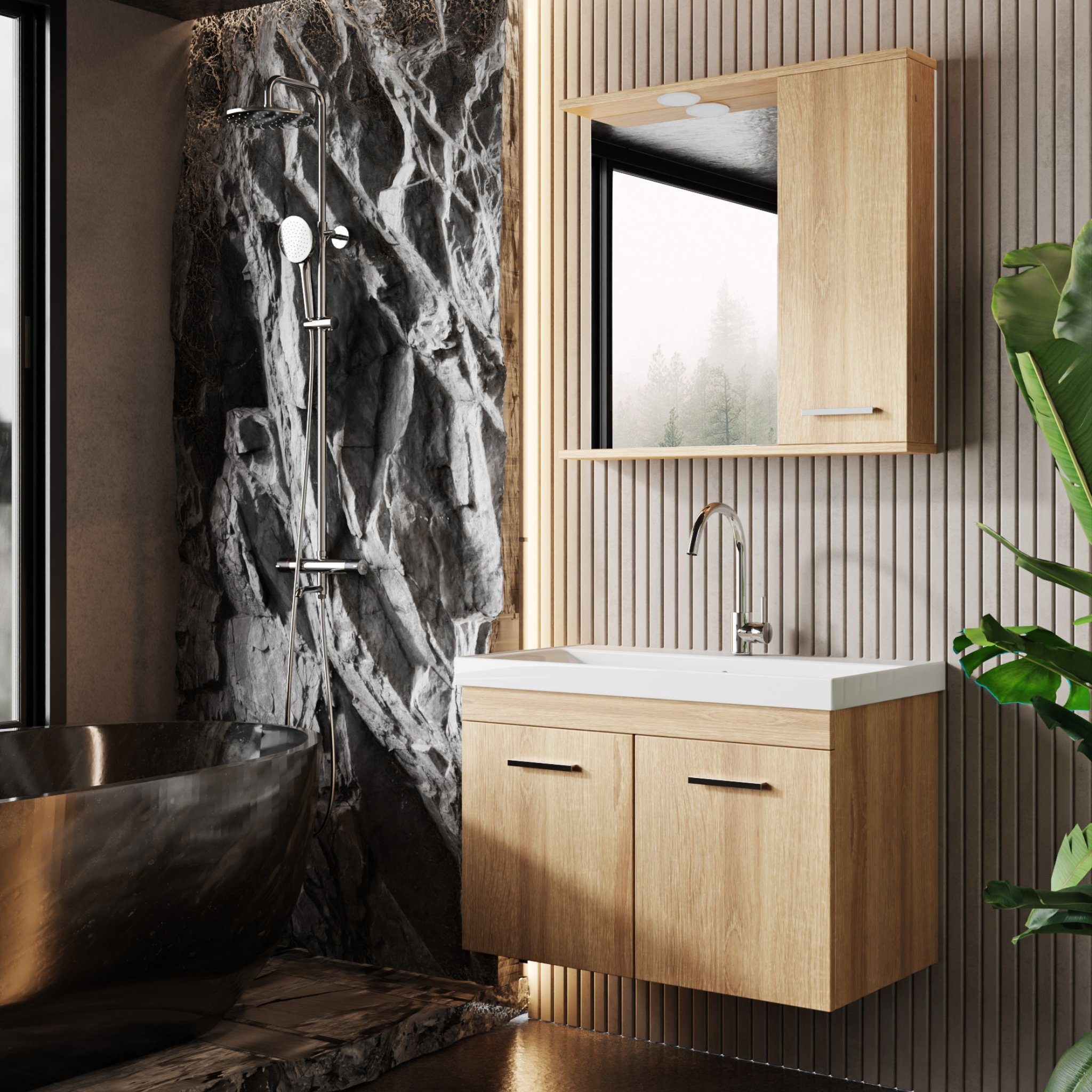 Karen Badezimmer-Set Nil, (Komplett-Set, Standartmäßig 3-Teilig (Unterschrank, Spiegelschrank, Waschbecken), Der Lieferumfang umfasst Unterschrank, Spiegelschrank und Waschbecken), Klassisches Design, Holzfurnier-Beschichtung, Softclose, Bügelgriffe