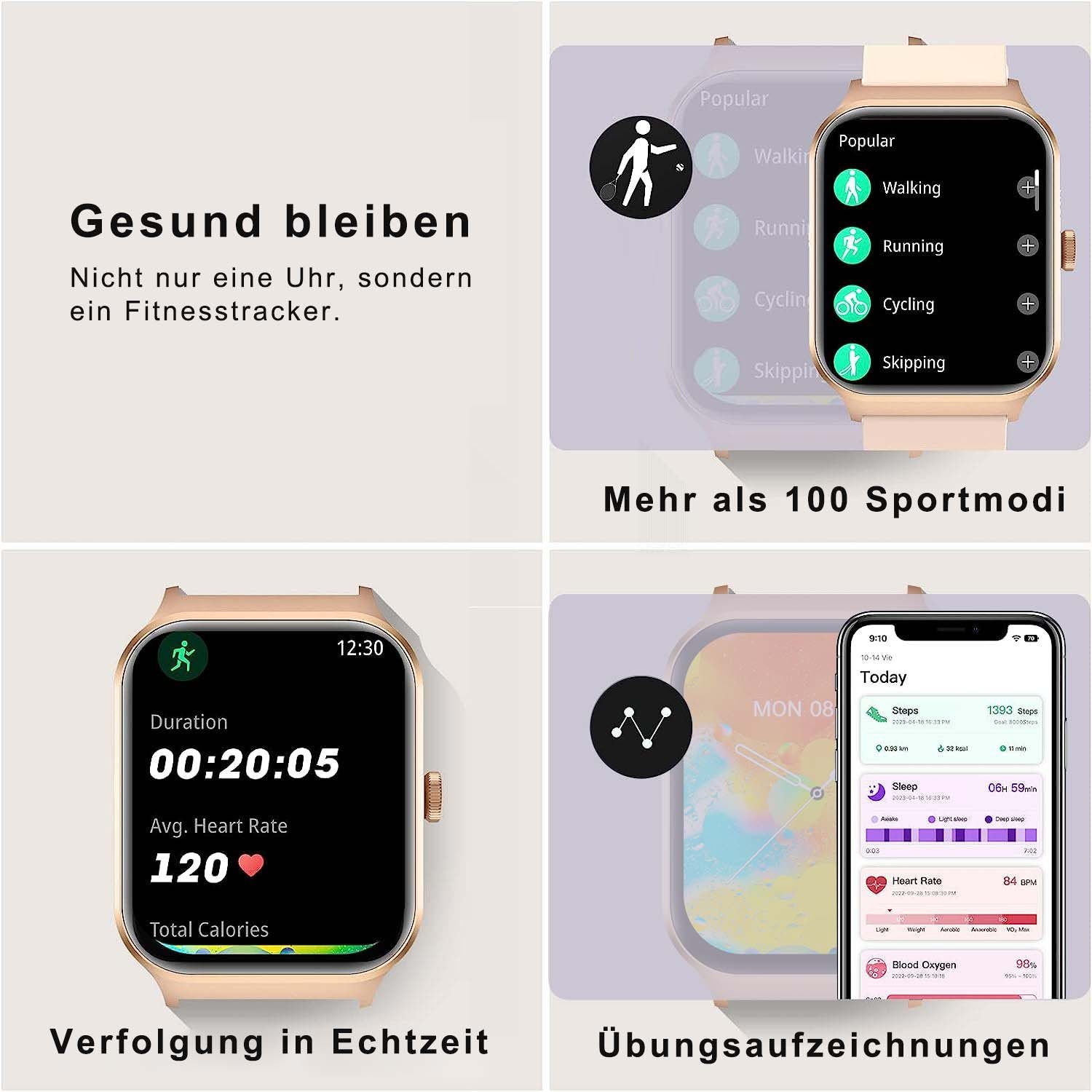 Yuede Smartwatch Damen und Herren, Fitness Uhr Mit Sprachanruf, Smartwatch (4,98 cm/1,96 Zoll) Fitness Tracker mit Schrittzähler, Schlaftracking, Kalorienverbrauch, Sportuhren mit Herzfrequenzmessung, Schlafuberwachung, Blutsauerstoffmessung, Sportar