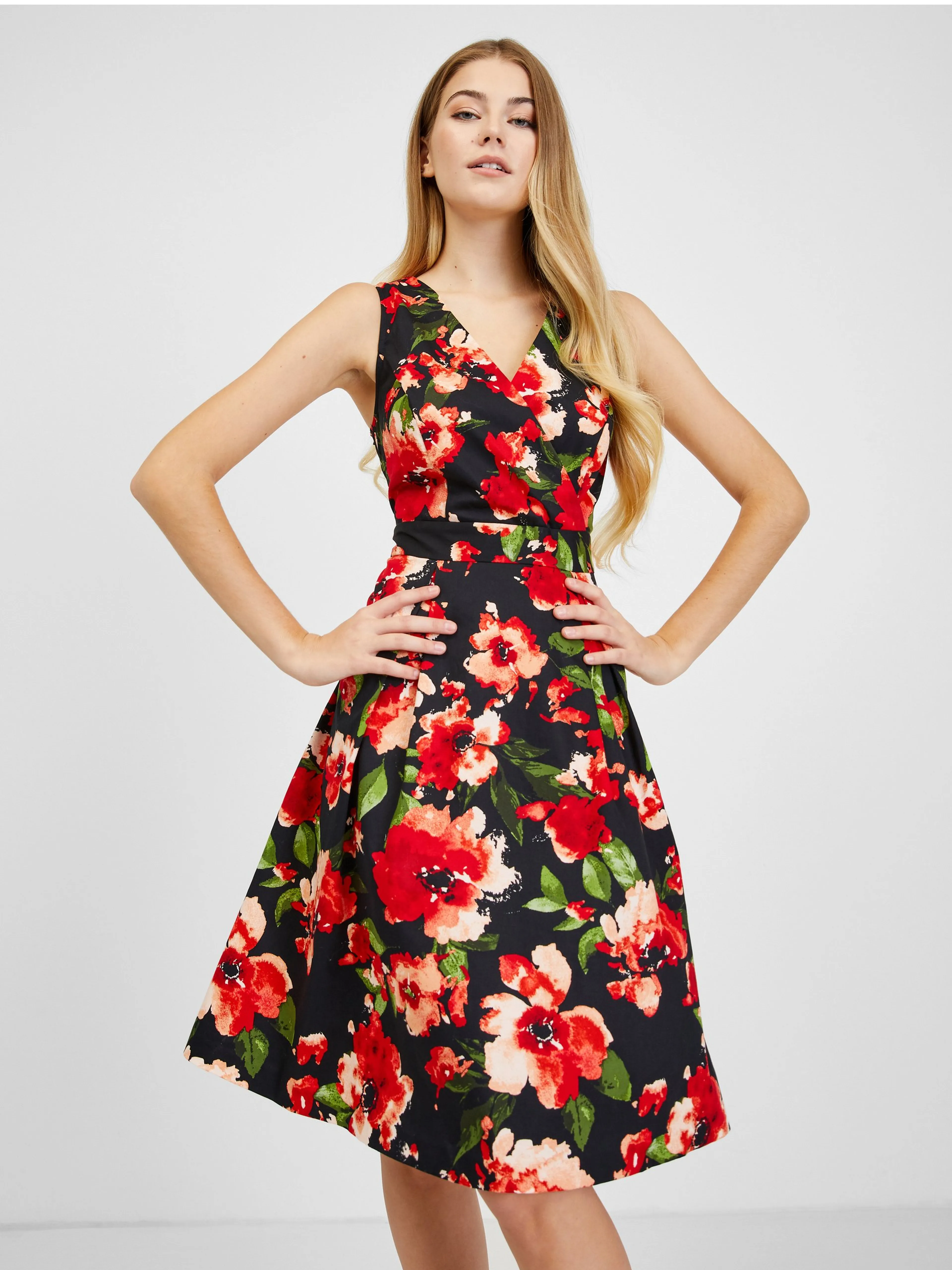 Rotes und schwarzes Damen-Blumenkleid ORSAY