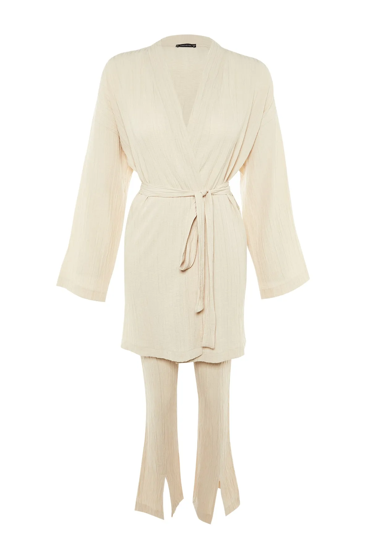 Trendyol Modest  Gewebtes Kimono-Hosen-Set mit Gürtel und Beinschlitz in Stein TCTSS22US00024