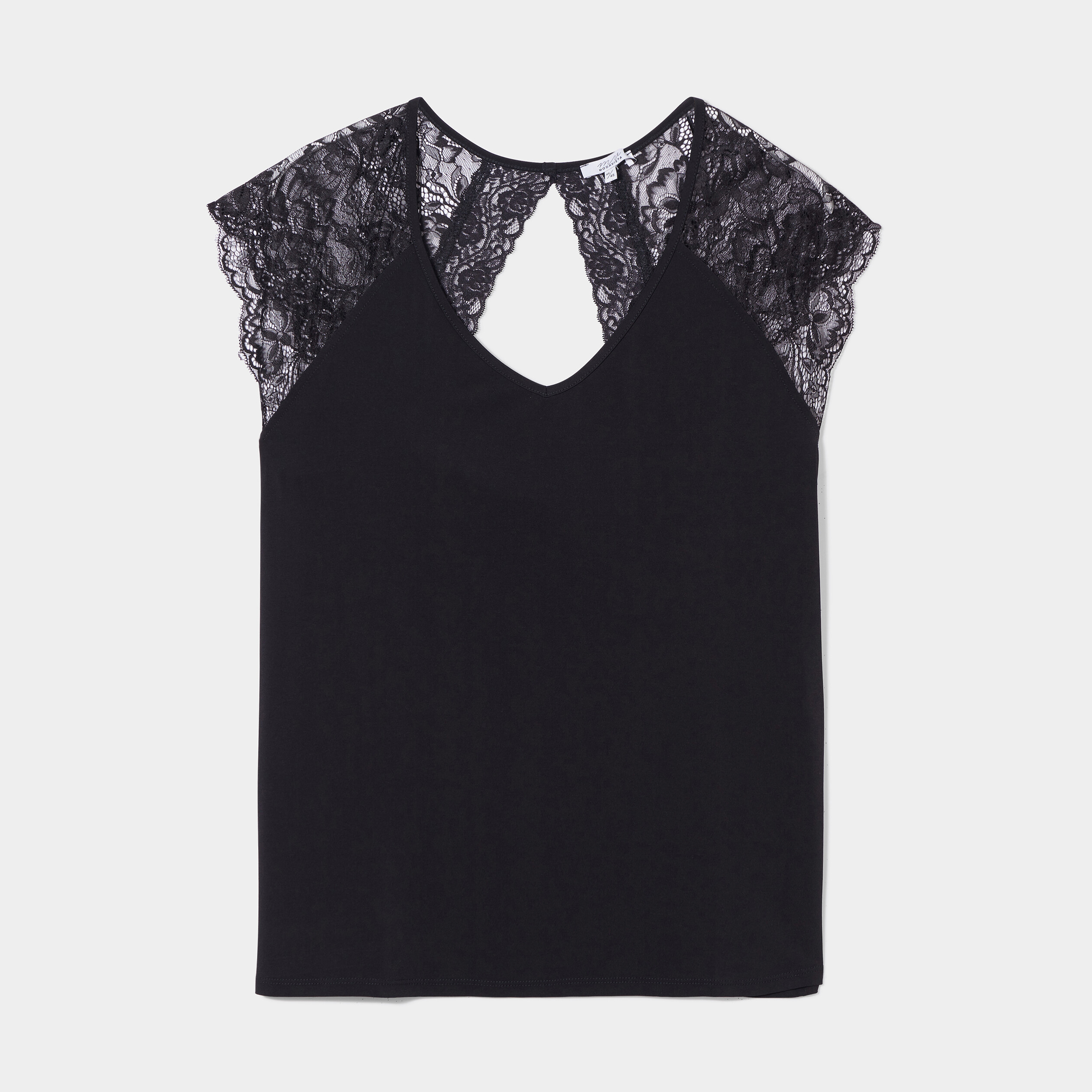 T-shirt épaules dentelle col V Modavista noir femme grande taille | La Halle