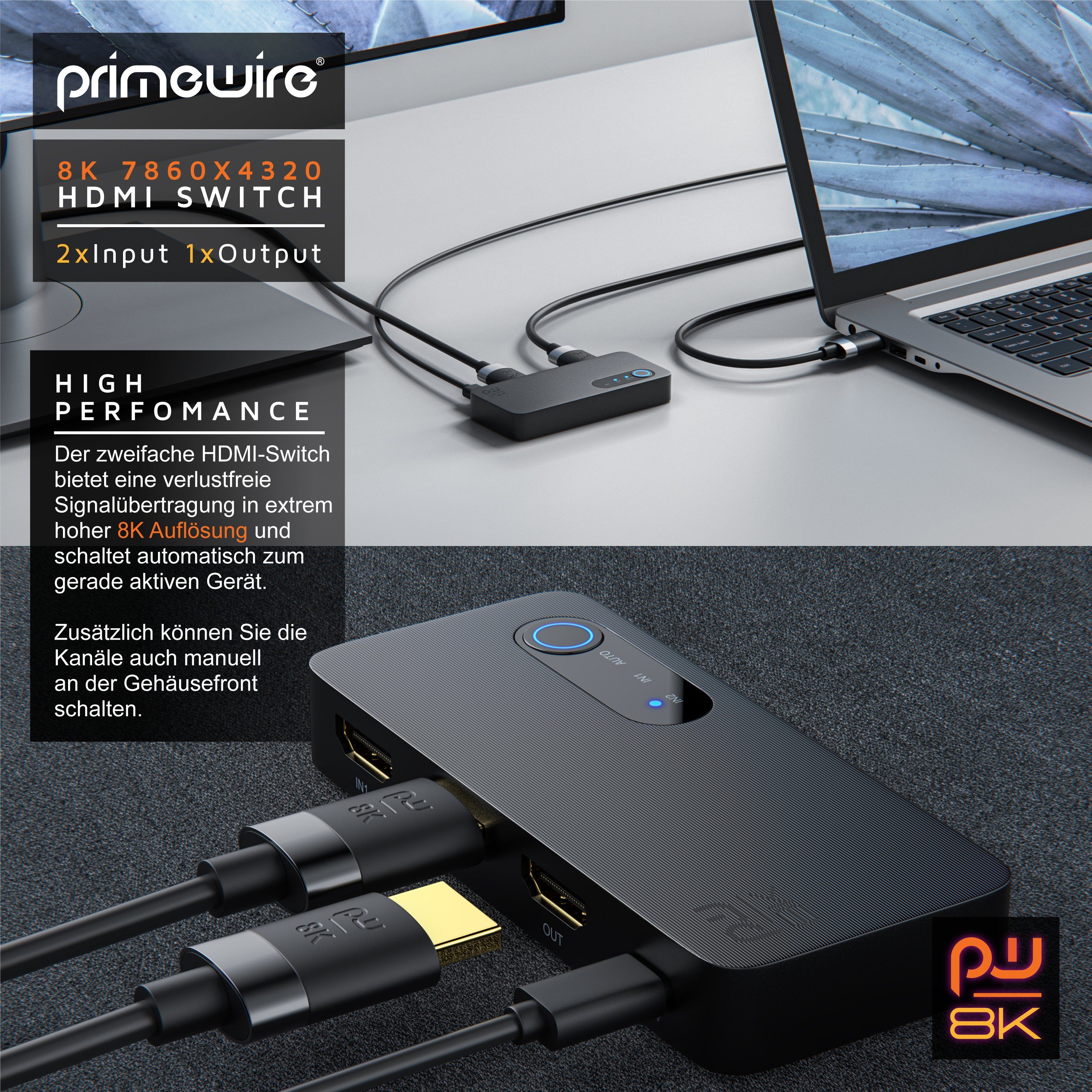 Primewire Audio / Video Matrix-Switch, 2-Port HDMI Splitter, 8K Aluminium HDMI Switch 2 in 1 Out UHD