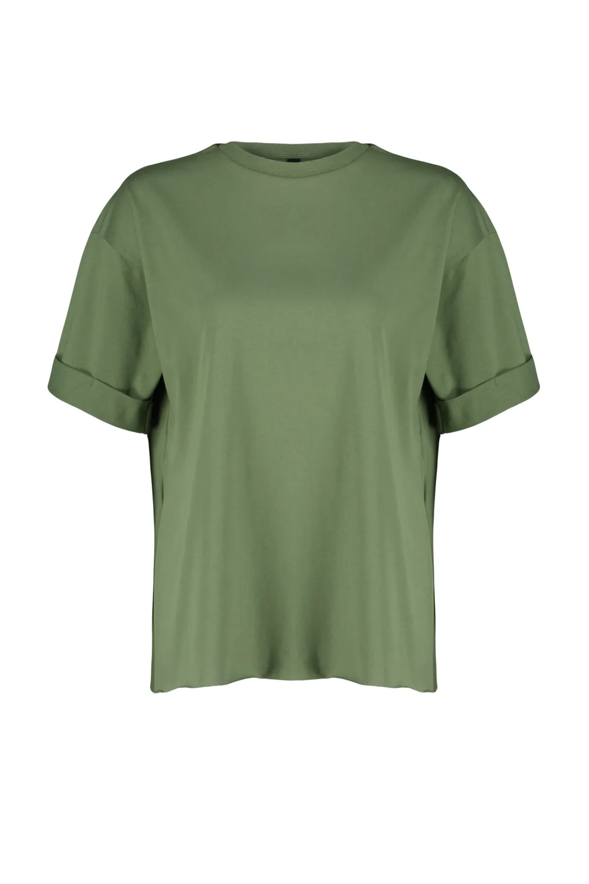 Trendyol Collection  Khakifarbenes, asymmetrisches Boyfriend-Strick-T-Shirt aus 100 % Baumwolle mit zwei Ärmeln TWOSS20TS0828