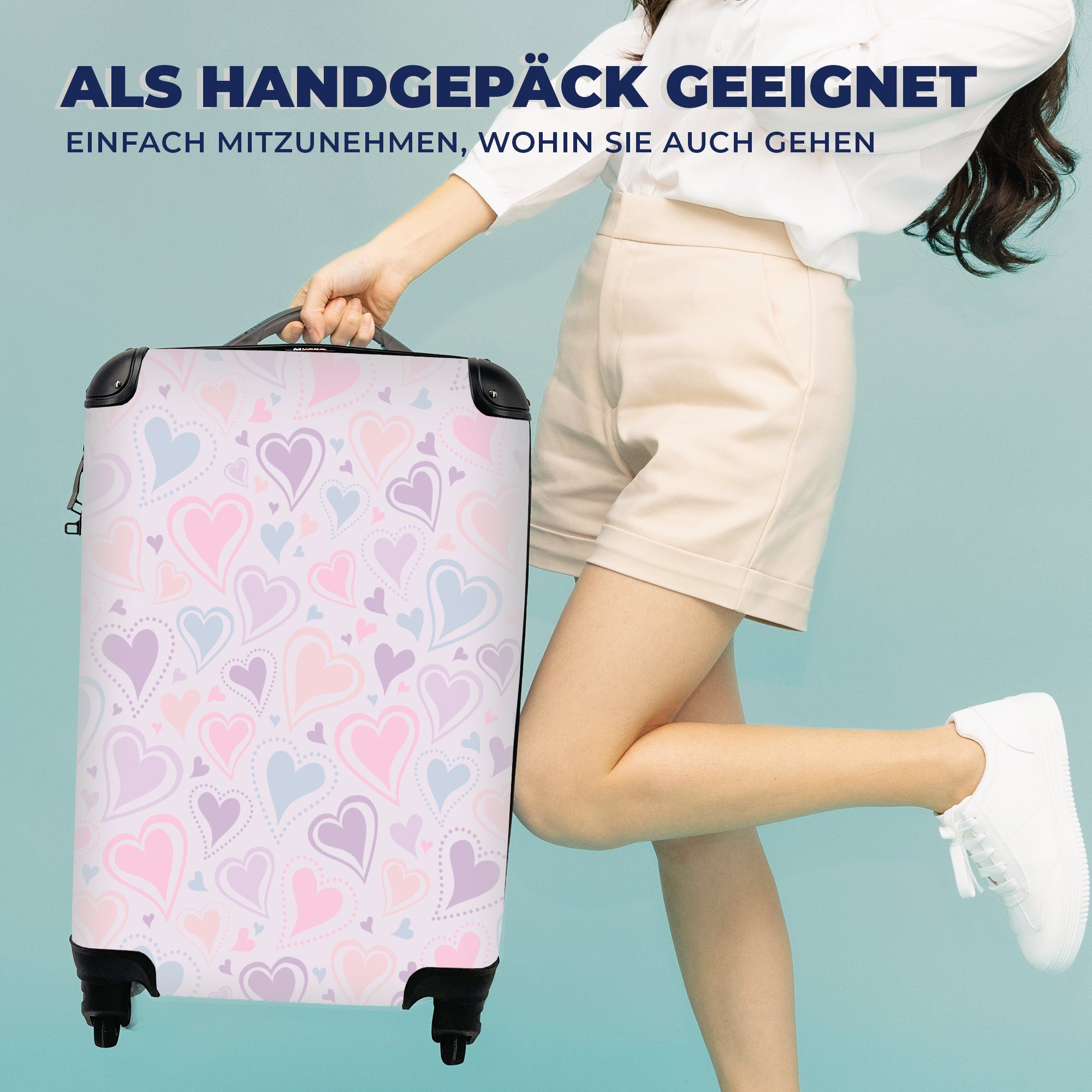 MuchoWow Handgepäckkoffer Mädchen - Herzen - Schnittmuster - Mädchen - Kinder - Kinder, 4 Rollen, Reisetasche mit rollen, Handgepäck für Ferien, Trolley, Reisekoffer