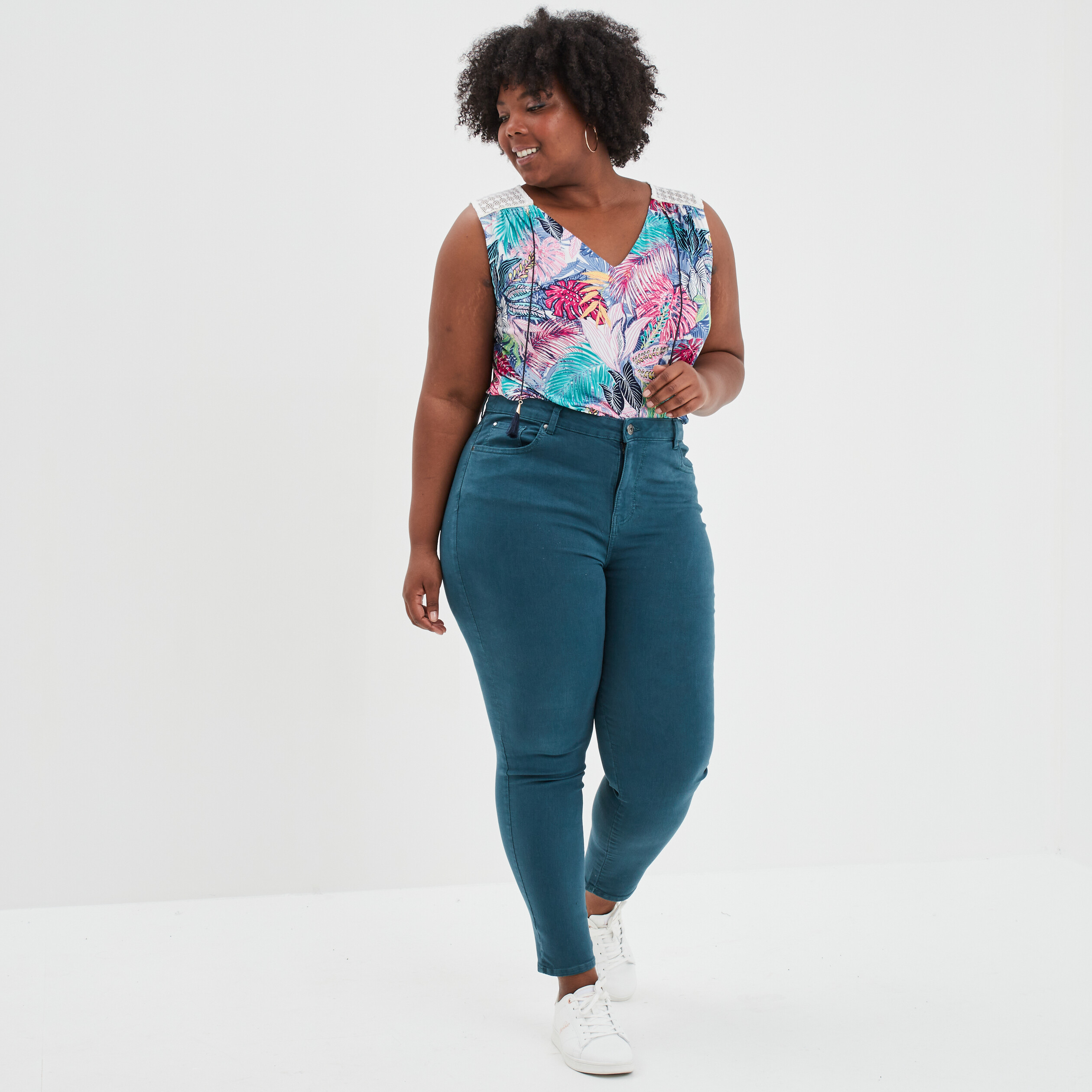 Pantalon slim taille haute 5 poches bleu canard femme grande taille | La Halle
