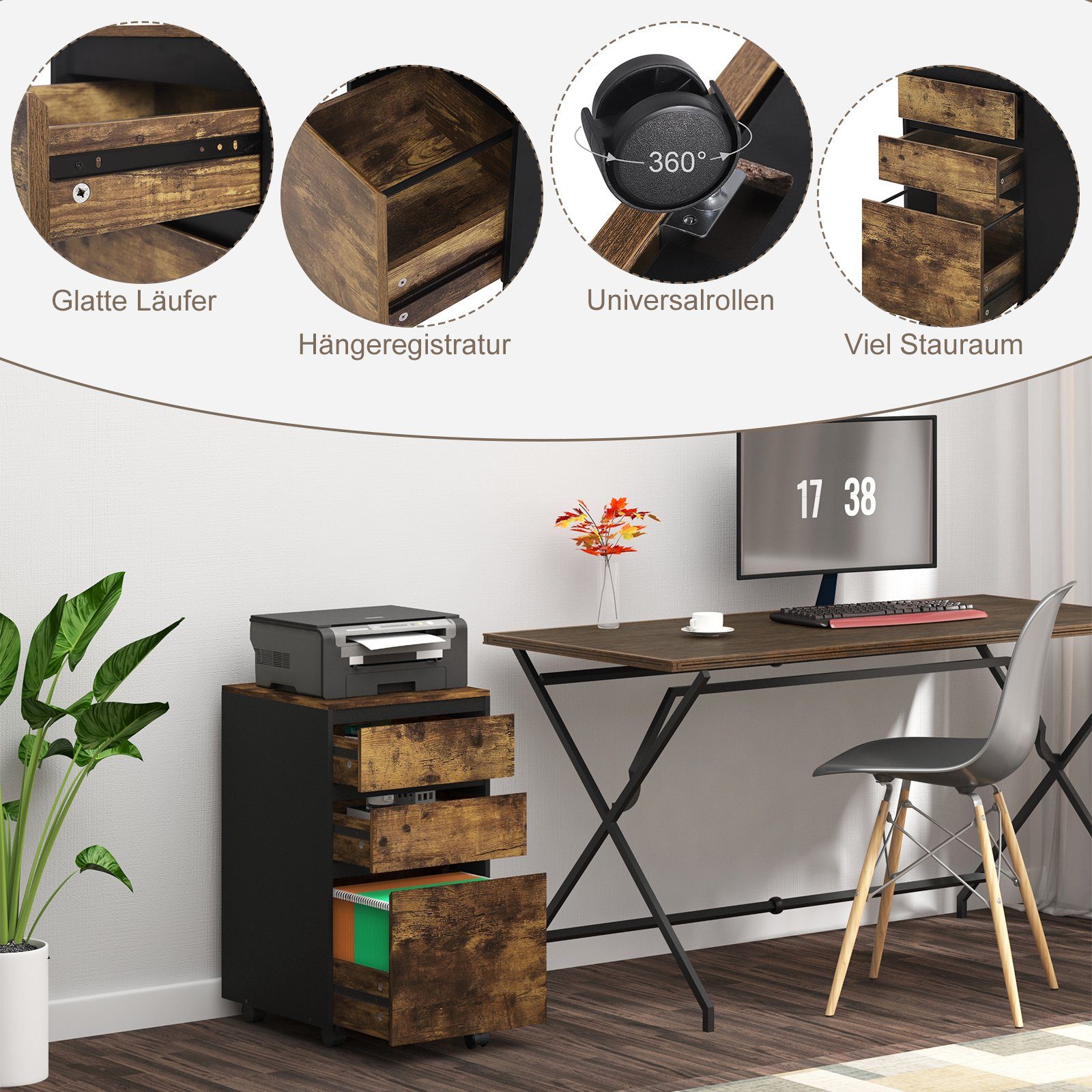 Woltu Aktenschrank (1-St) mobiler Schrank, Rollcontainer mit 3 Schubladen
