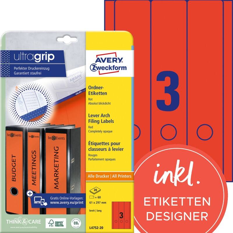 AVERY Zweckform ultragrip Ordneretiketten L4752-20 Selbsthaftend DIN A4 Rot 6,1 x 29,7 cm 20 Blatt à 3 Etiketten
