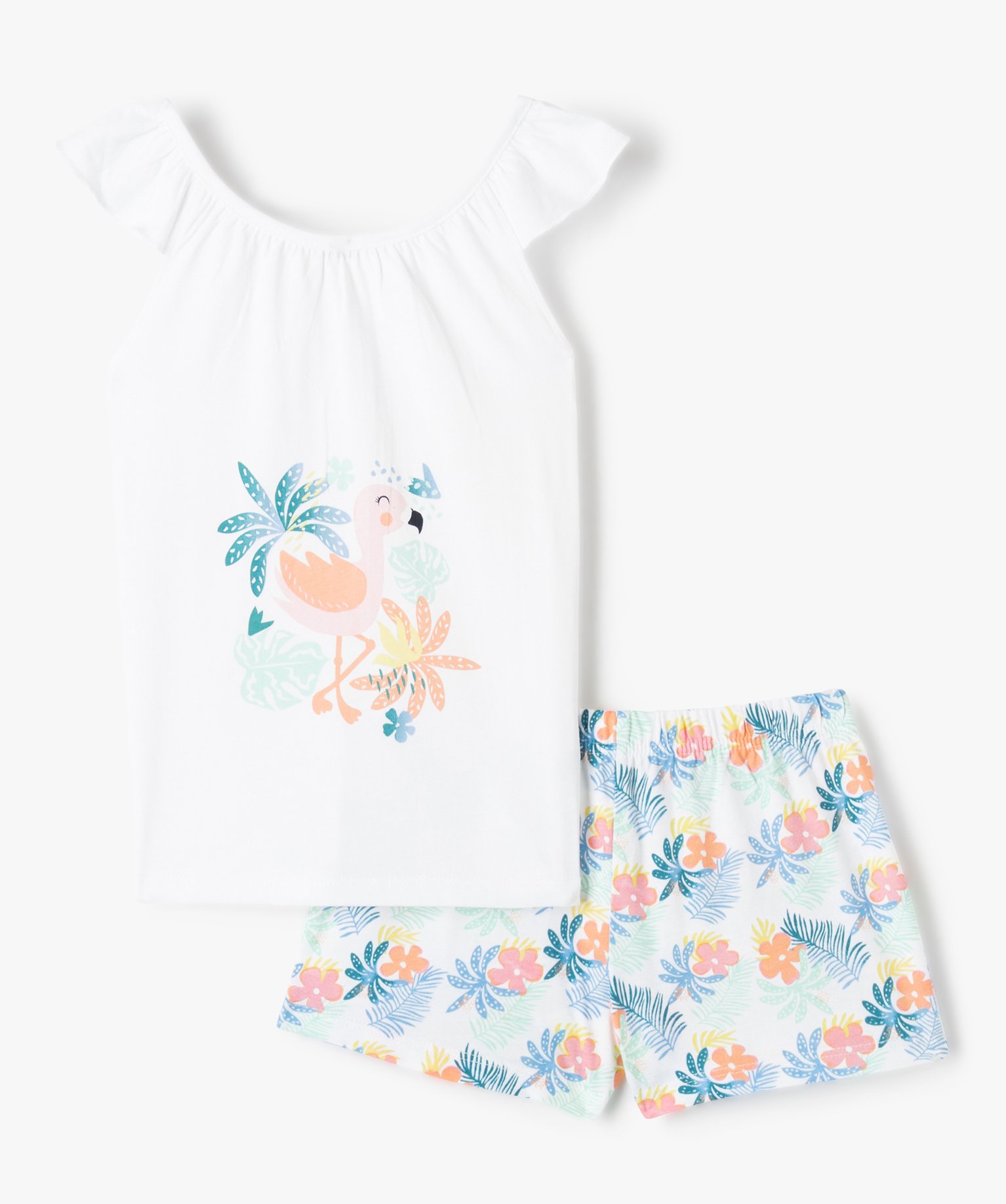 Pyjashort fille avec bretelles volantées blanc | GEMO