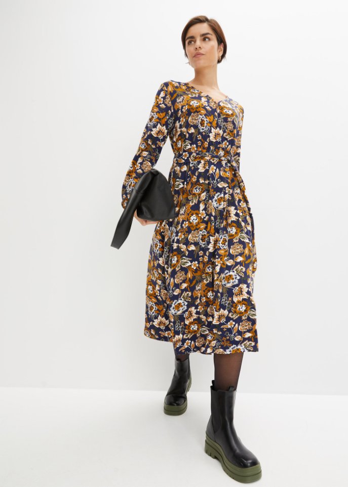 Jerseykleid mit V-Ausschnitt und Bindeband