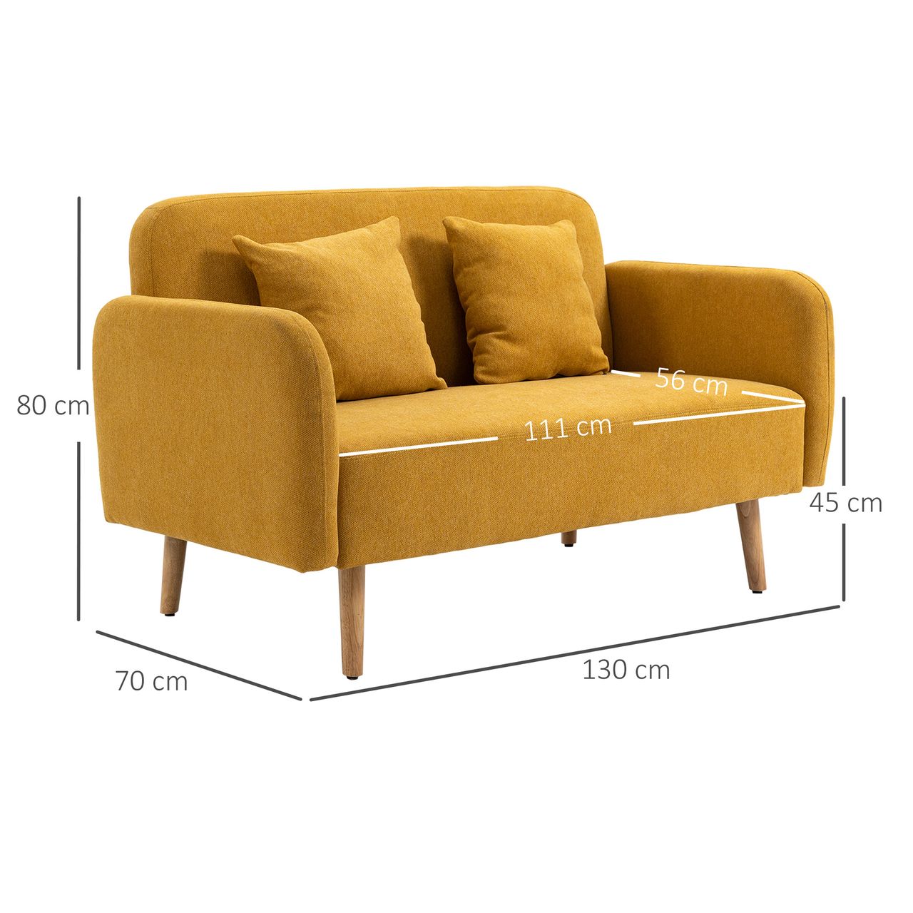 HOMCOM Doppelsofa Polsterung mit Kissen Stoff Loveseat kompaktes Design Moderne Zweisitzer einstellbare Höhe der Fußrasten samtartiges Polyester Gummiholz Schaumstoff Natur Gelb 130 x 70 x 80 cm