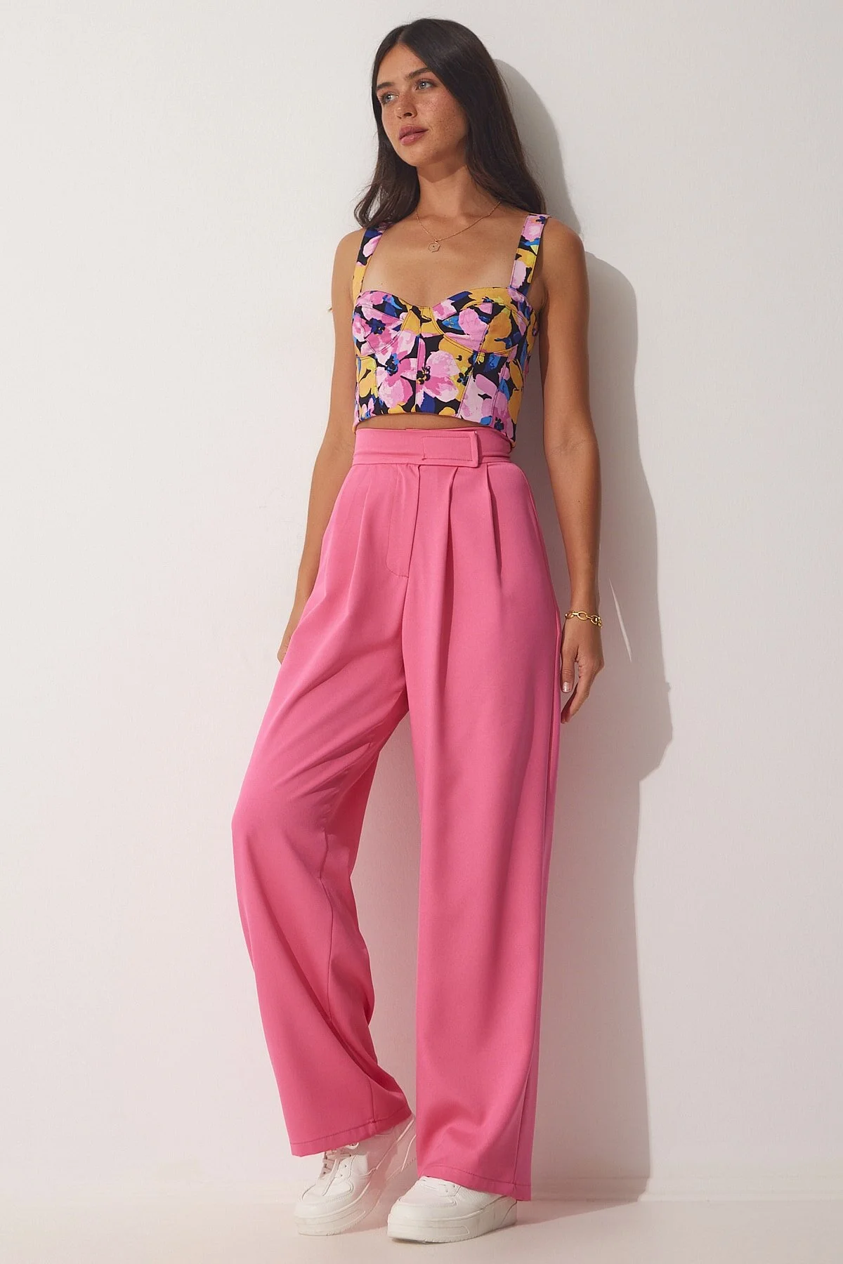 Happiness İstanbul  Rosafarbene Damen-Hose mit Klettverschluss und lockerer Taille YL00001