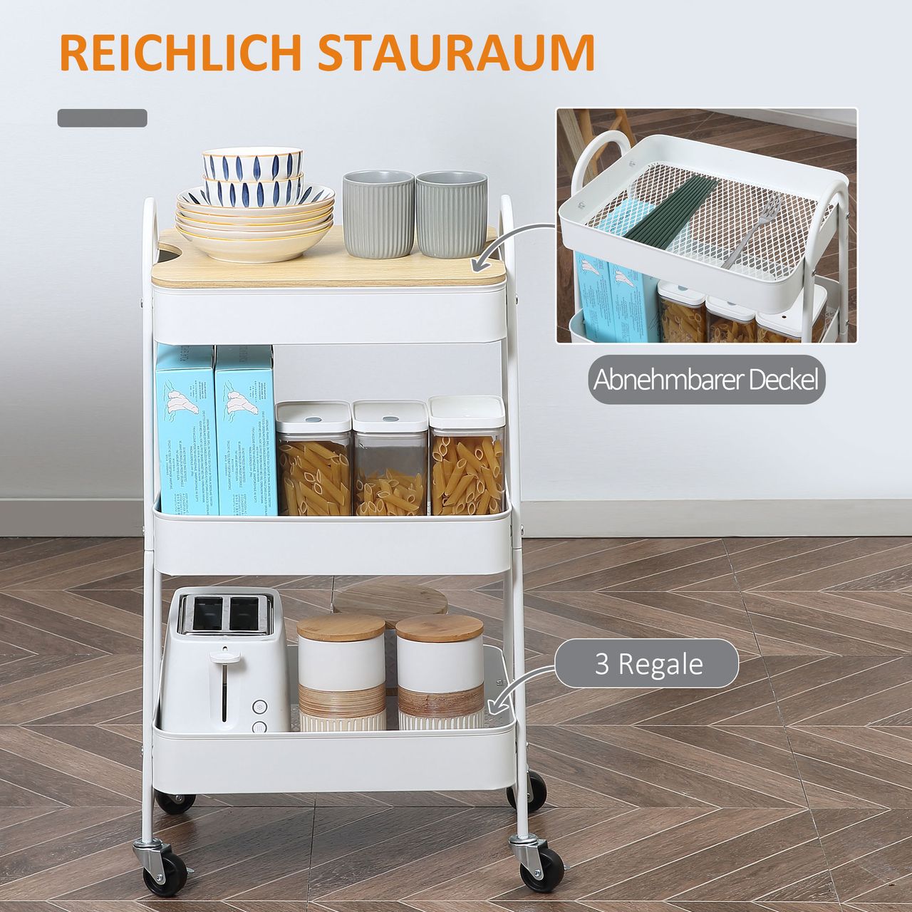 HOMCOM Küchenwagen Metallrollwagen 3-Etagen Metall mit großem Stauraum und Deckel für Küchen und Büro Aufbewahrungswagen Servierwagen Küchenregal mit Rollen Stahl Weiß 45 x 31 x 79,4 cm
