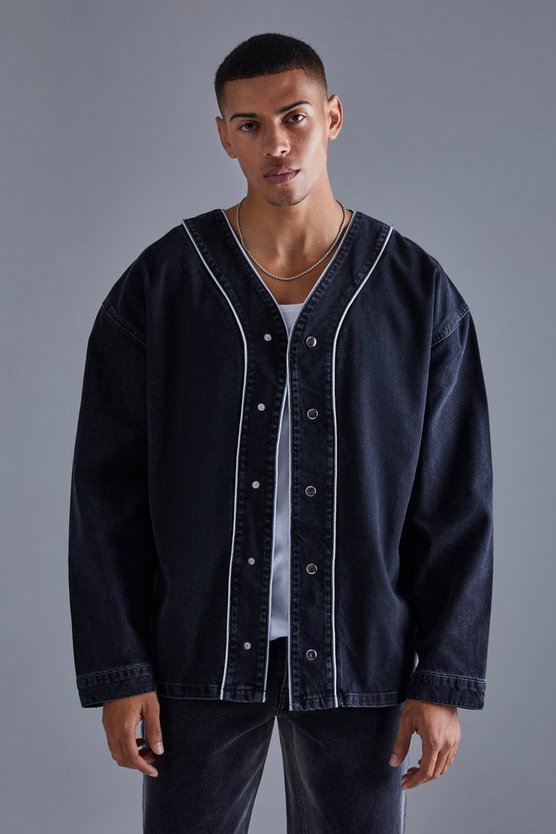 Langärmliges Denim Baseball-Hemd