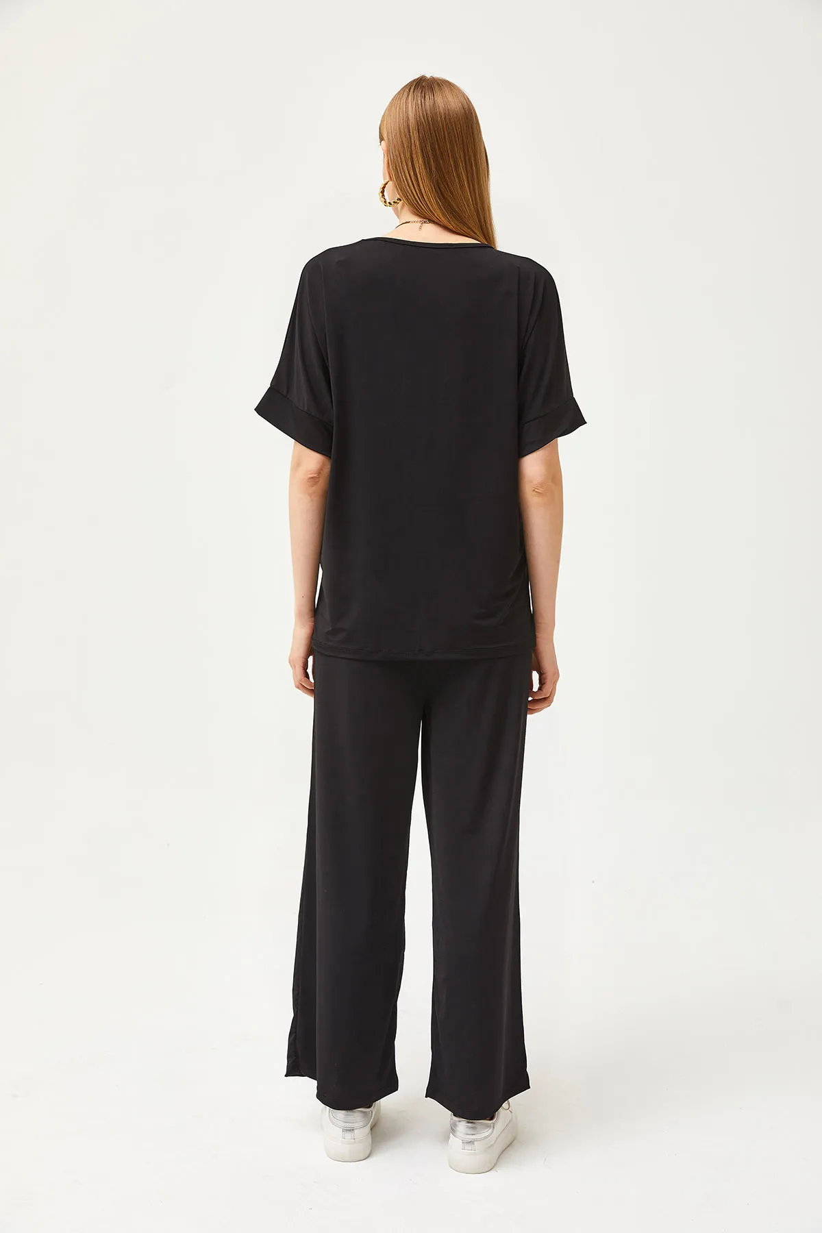 Olalook  Schwarzes Top-Bluse-Unterteil für Damen, locker gestricktes Palazzo-Set TKM-19000267