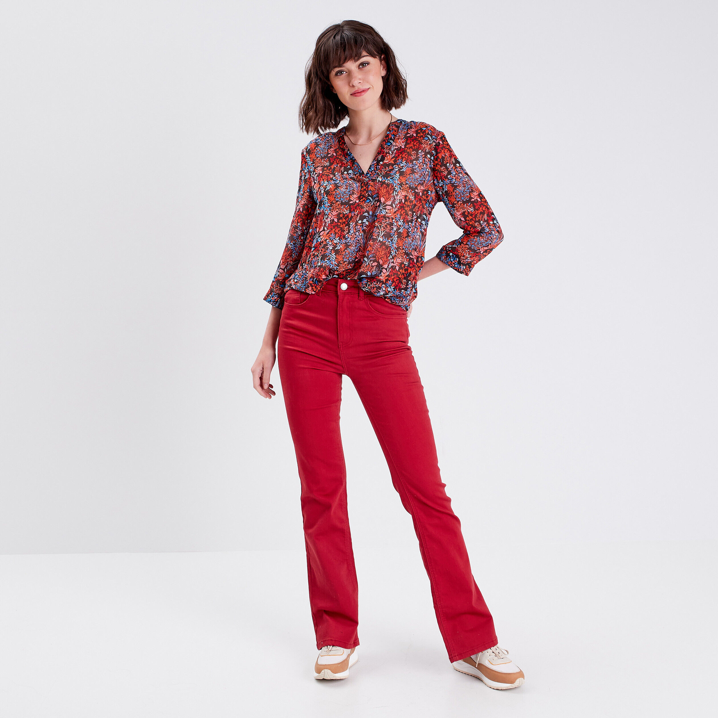 Jeans flare taille haute rouge foncé femme | Cache Cache