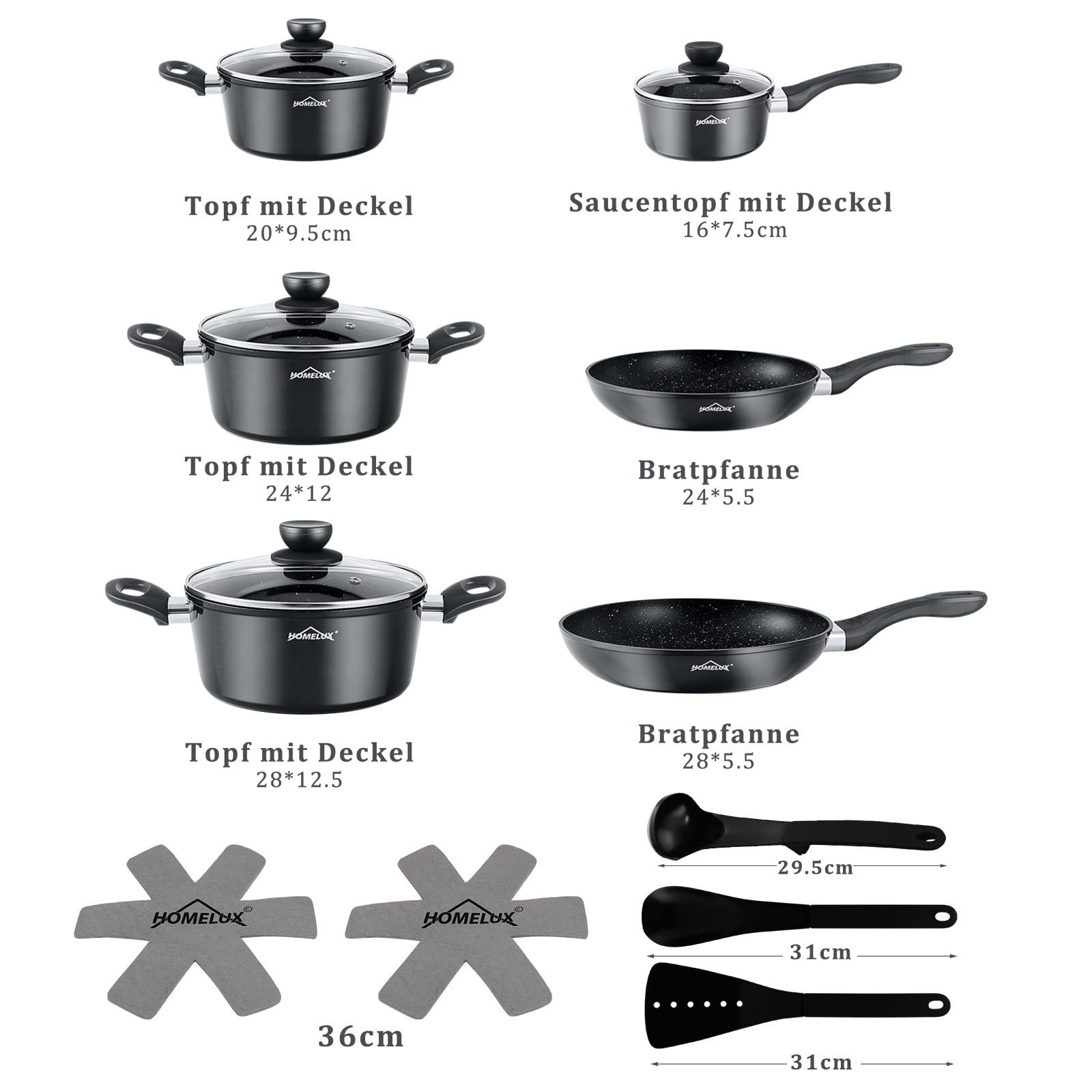 HOMELUX Topf-Set Induktions Töpfe Set Classic Antihaftbeschichtung Kochtopfset, Aluminium (Set, 15-tlg., 4 Töpfe mit Glasdeckel + 2 Pfanne), Induktionsgeeignet
