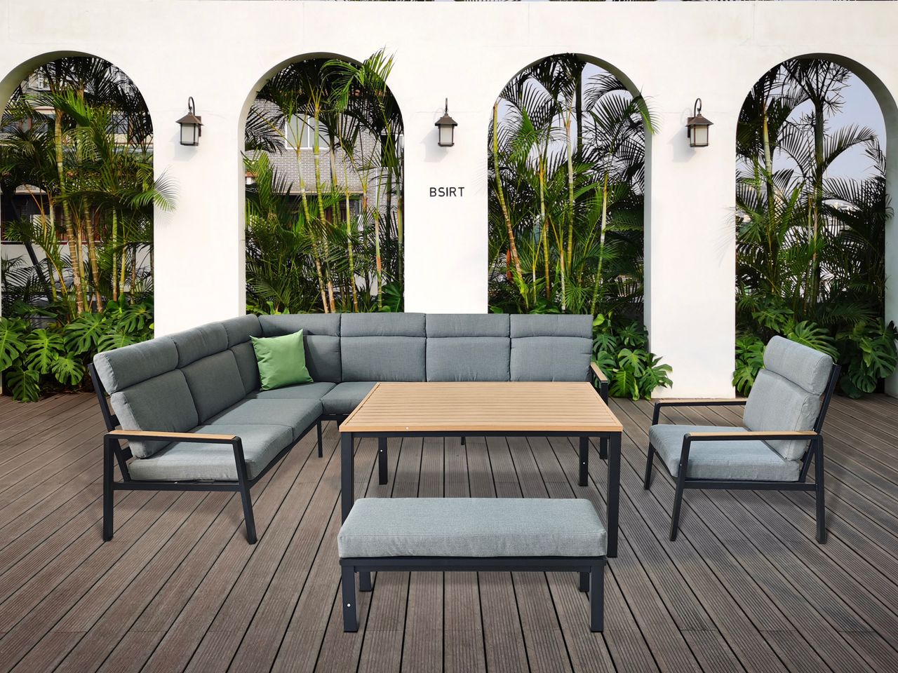 Happy Home 6 tlg. Eck-Lounge Set HGS55-GRA mit hoher Rückenlehne, Sitzkissen, grau & Holzoptik