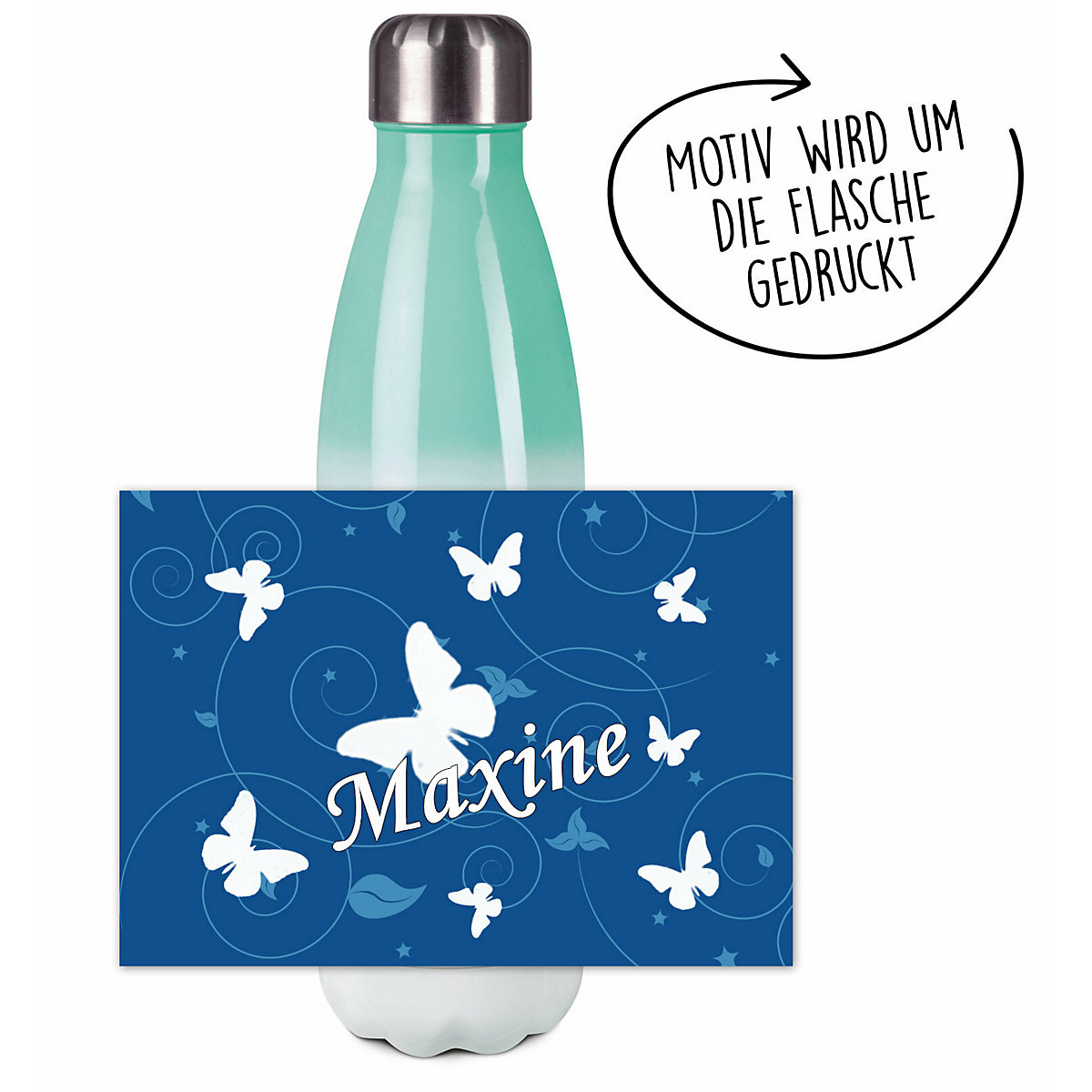 Edelstahl Kinder Thermoflasche / Trinkflasche bunt Schmetterling Ornamente Farbe blau Spülmaschinenfest, Auslaufsicher, Bruchfest, Doppelwandig, Für Heißgetränke geeignet, Mit Deckel, Isoliert