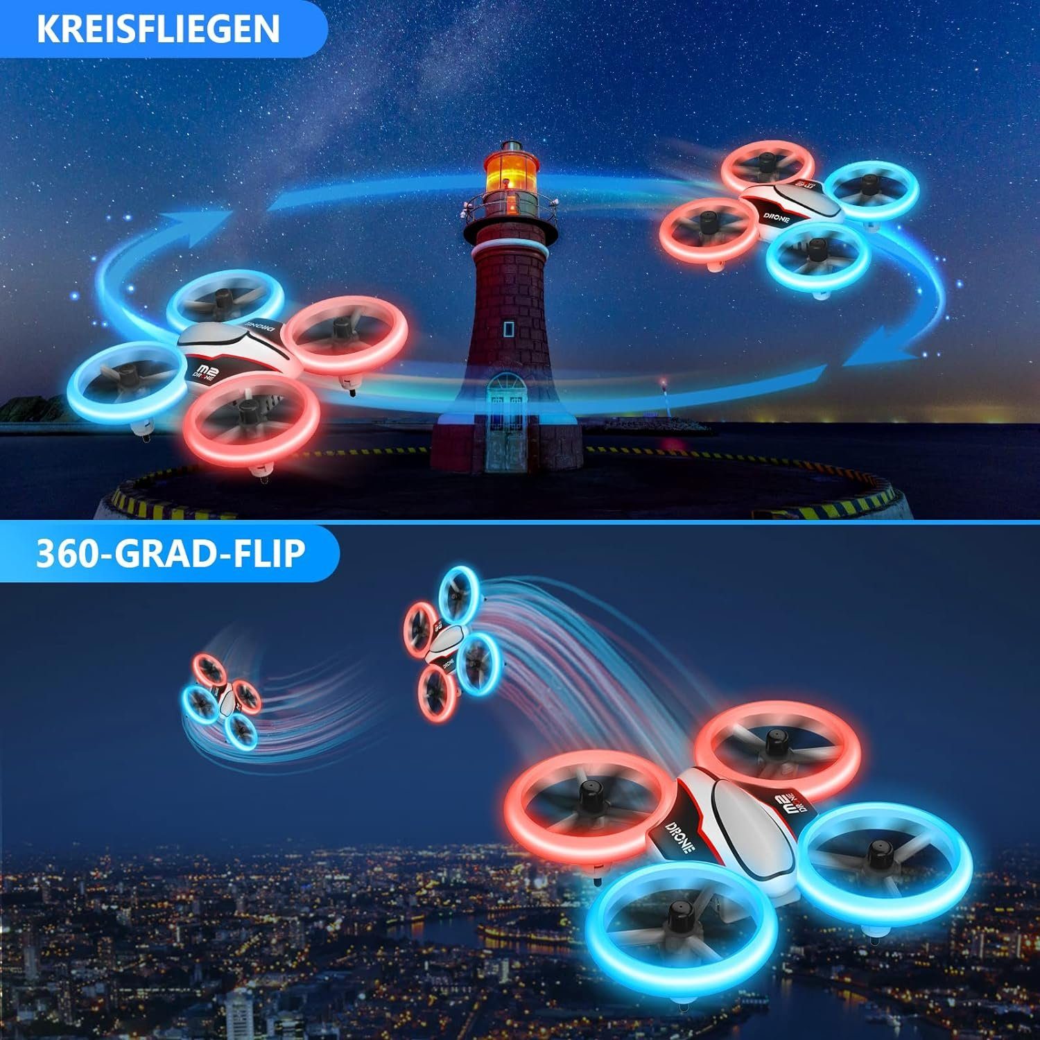 AVIALOGIC Drohne (RC Drone mit LED, 3D Flips, Kopflosmodus, 3 Akkus, 21 Min Flugzeit)