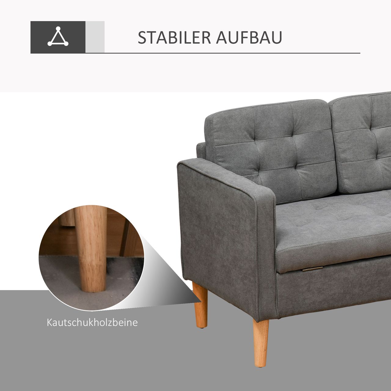 HOMCOM 3-Sitzer Sofa Stoffsofa Doppelsofa abnehmbar mit Kissen Gummiholz Baumwoll Grau 166,5 x 62 x 82 cm