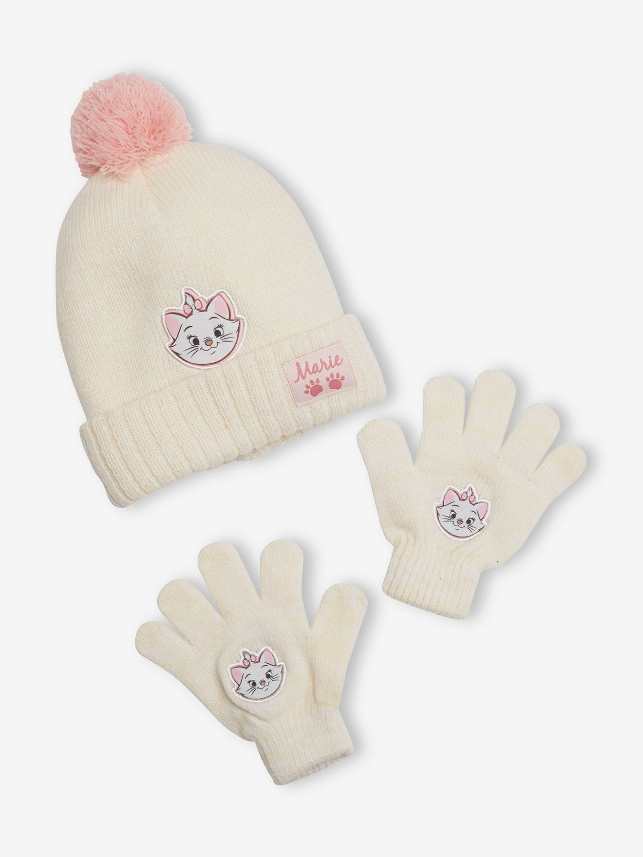 Ensemble fille DS® Marie les Aristochats bonnet + gants beige chiné et rose