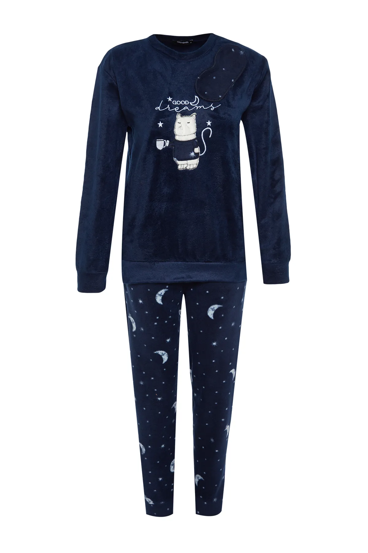 Trendyol Collection  Marineblaues Pyjama-Set aus T-Shirt und Hose aus Samt mit Katzen-Print THMAW24PT00169