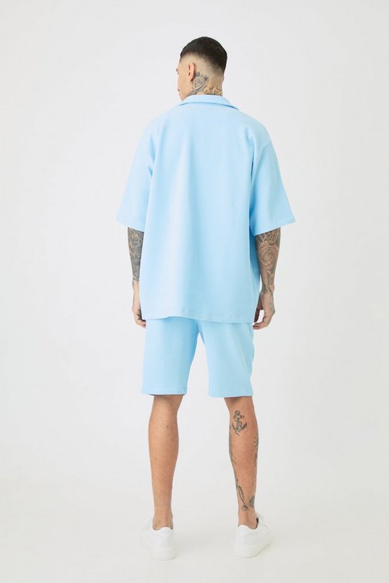 Tall kurzärmliges Oversize Hemd & Shorts in Blau