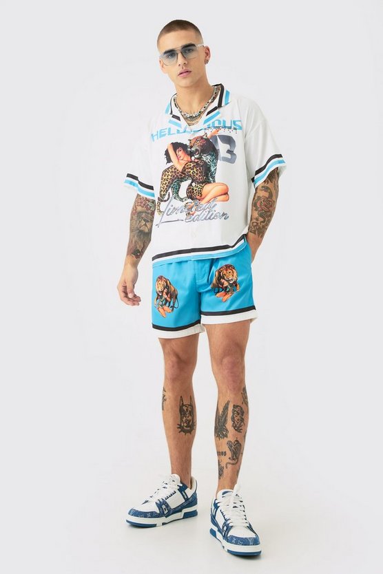 Kastiges Satin-Hemd mit Print & Shorts