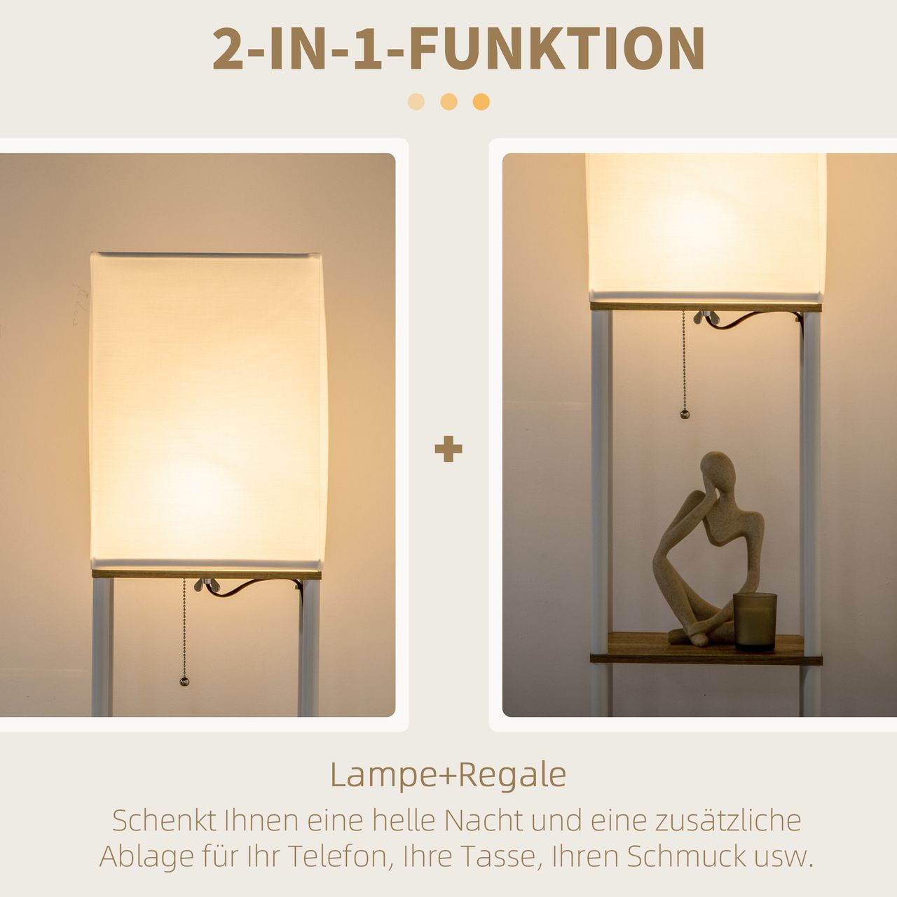 HOMCOM HOMCOM Stehlampe, Stehleuchte mit 3 Fächern, E27 Sockel, Weiß, exkl. Glühbirne
