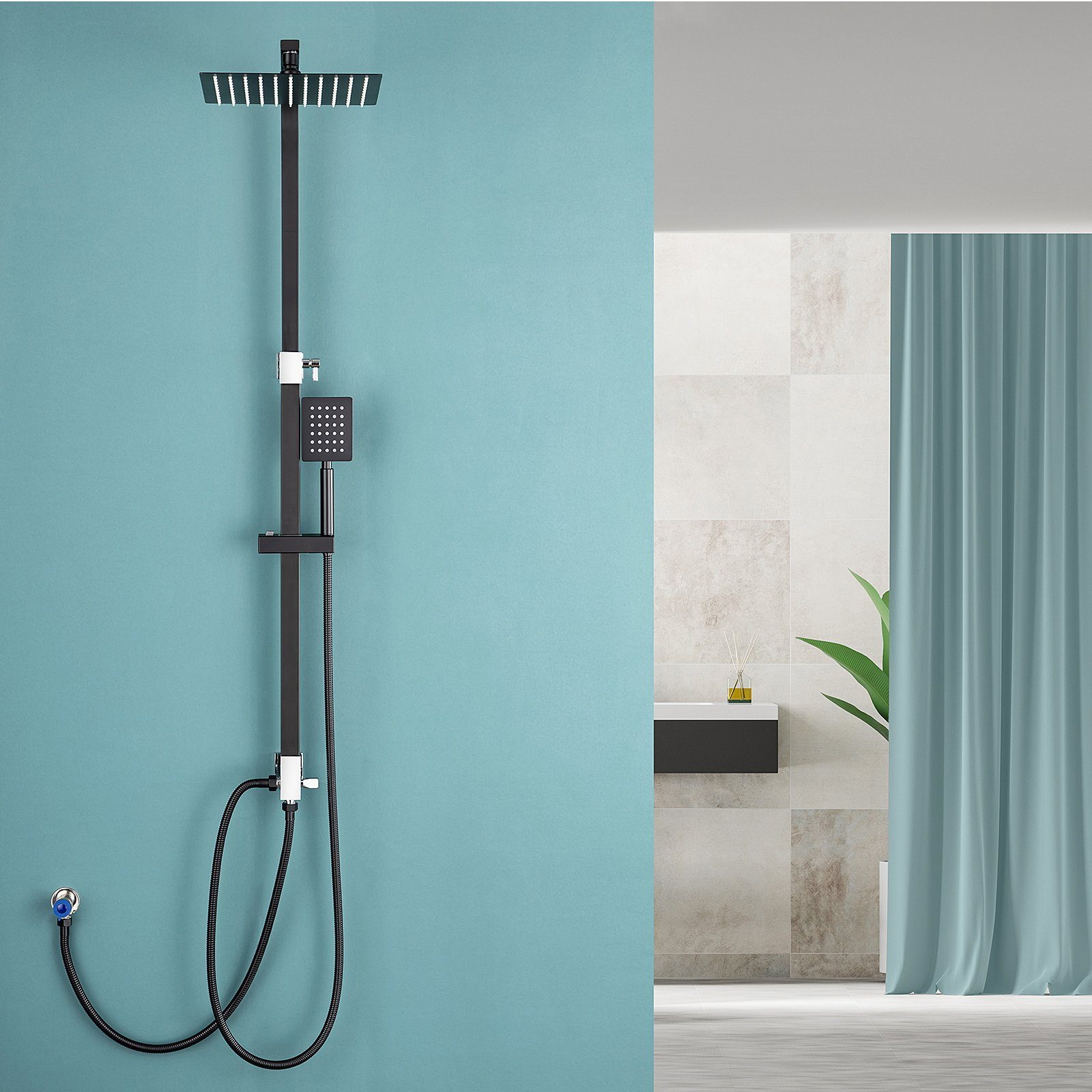 Auralum Brausegarnitur Duschsystem Duschstange mit Regendusche höhenverstellbar Duschset, Schwarz, Duschsäule, mit Handbrause